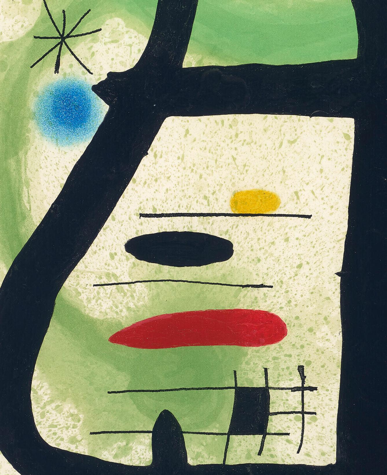 Miró's La Sorcière (The Sorcerer), 1969 is a monumental piece whose abstract forms work in combination with splashes of green and red. Each element coexists in perfect harmony, echoing a geometric, surrealist composition that leaves the viewer both