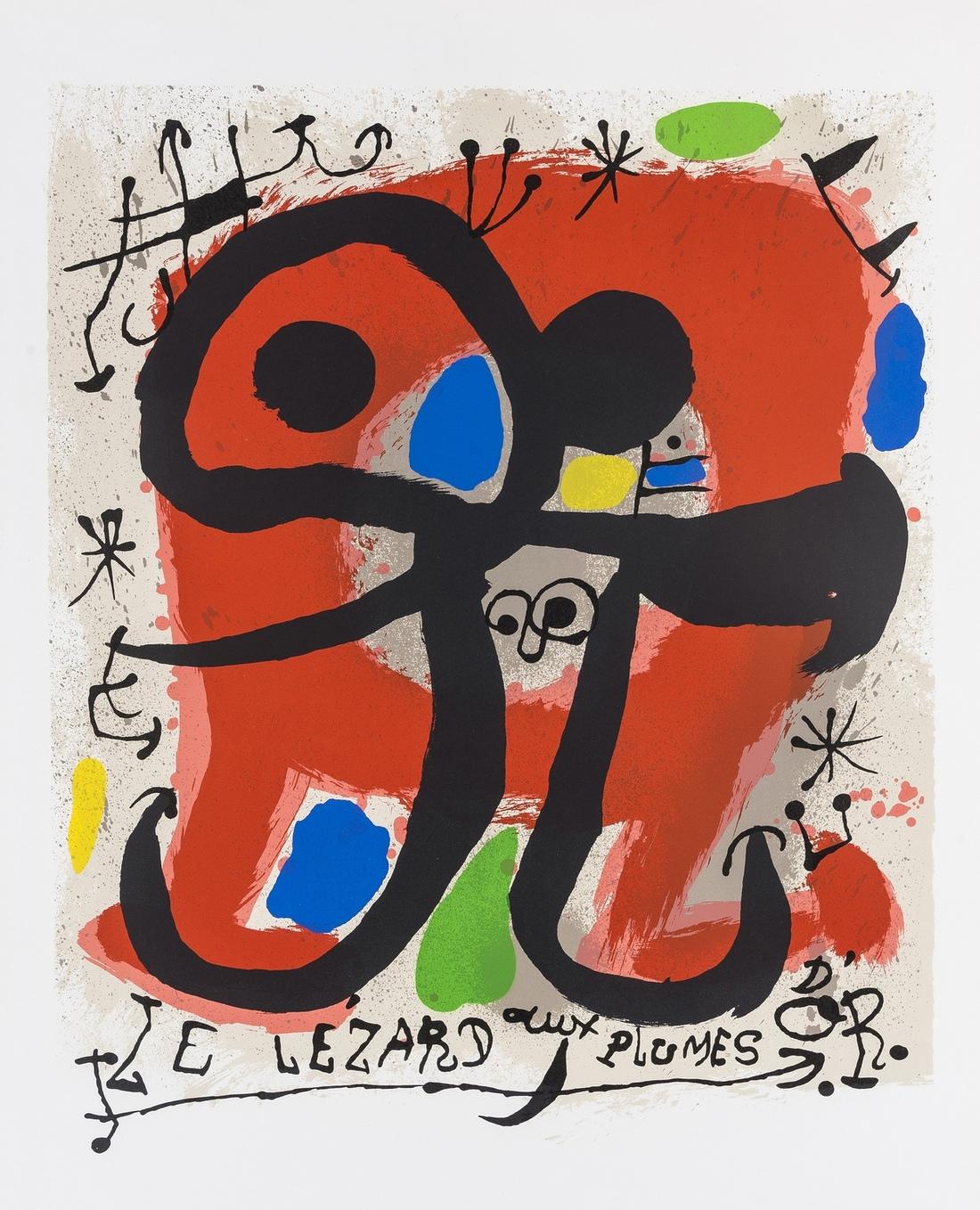 This Lithograph by Miro was originally for Galerie Berggruen exhibition Poster.  It is published by Mourlot, listed in the Catalogue Raissone as Mourlot 831.
Sheet size is 21 3/8 by 27 3/4 inches.  Published in 1971.
This piece is a proof and was in