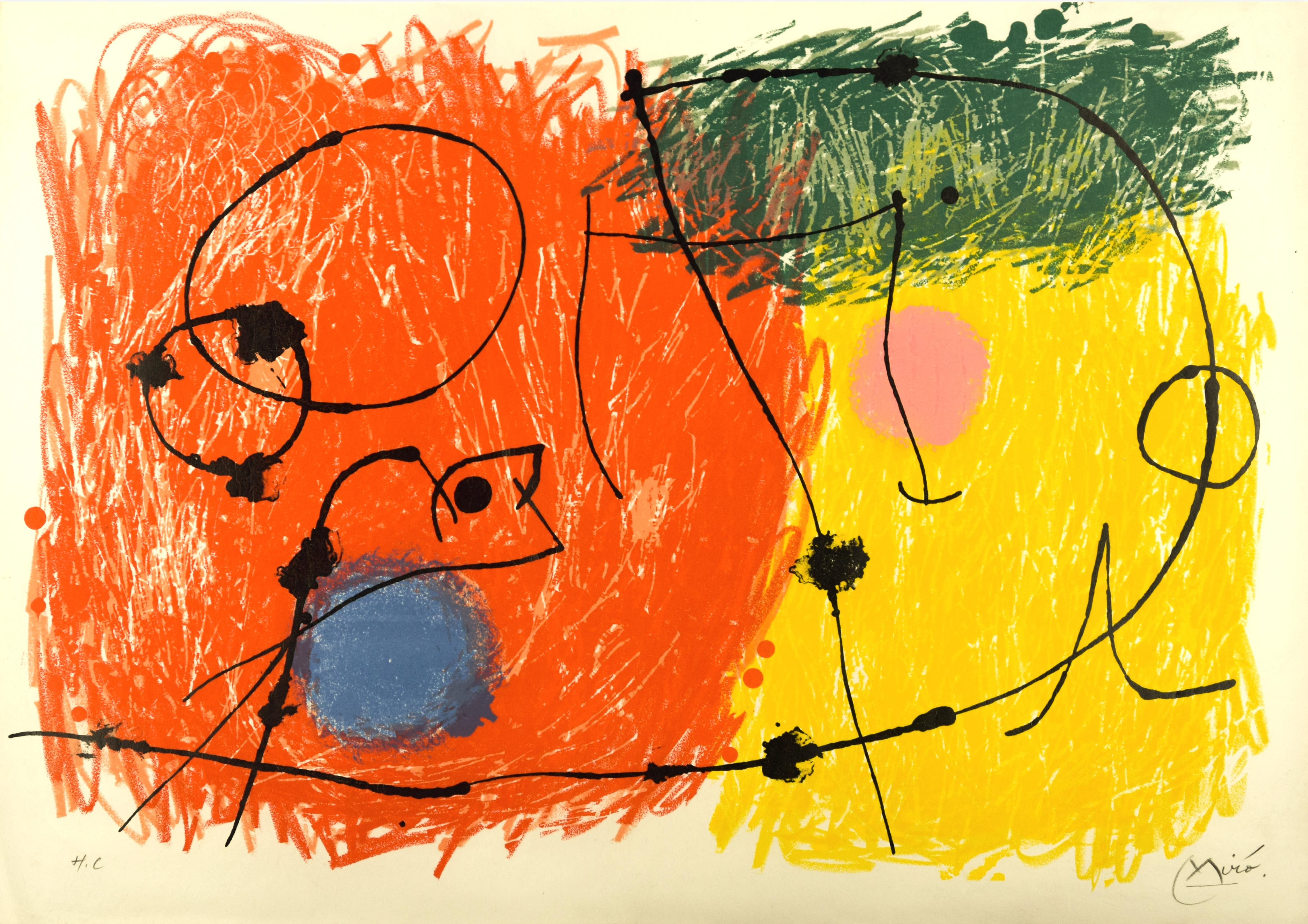 "Le Lézard aux Plumes d'Or"  is an original lithograph realized by Joan Miró in 1971, and part of the famous homonym series.
Hand signed and numbered, it is an H.C. (out of commerce) specimen on parchment. outside the edition of 80 (30 on parchment