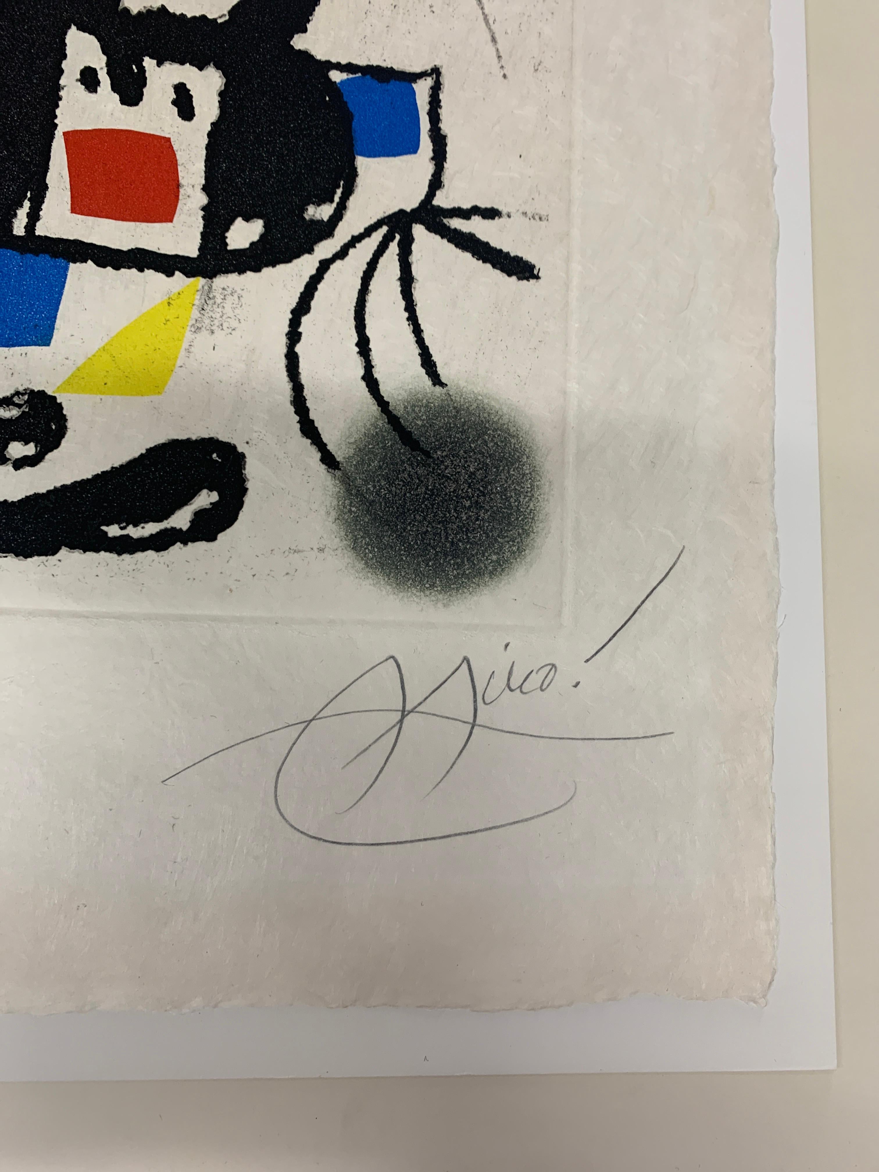A superb impression of this color aquatint and etching on Japon nacré with fresh colors. The deluxe edition of 50 on Japon nacré, aside from the edition of 125. Signed and numbered I/L in pencil by Miro. Printed by Morsang, Saint Michel sur Orge.