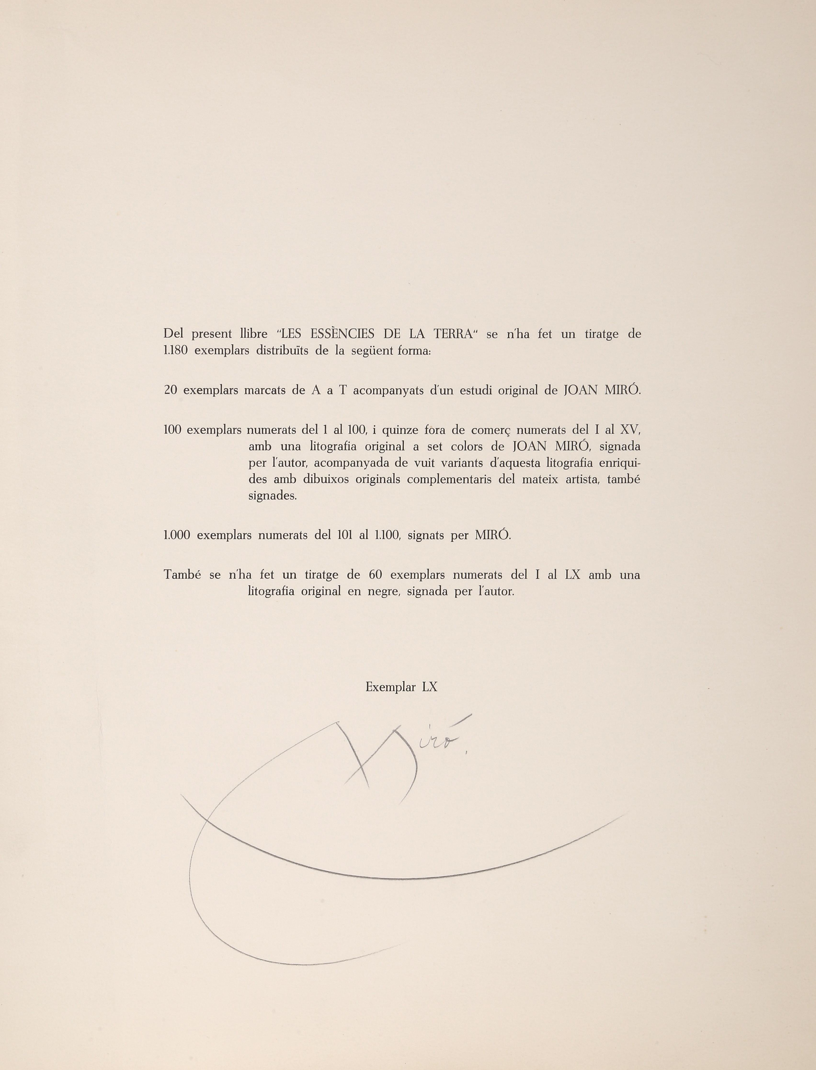 Artist: Joan Miro, Spanish (1893 - 1983)
Title: Les Essencies de la Tierra
Year: 1968
Medium: Lithograph on Guarro
Edition: LX (60)
Size: 19.25 x 15.25 in. (48.9 x 38.74 cm)
Frame Size: 27 x 23 inches

Reference: no. 123 in Cramer 