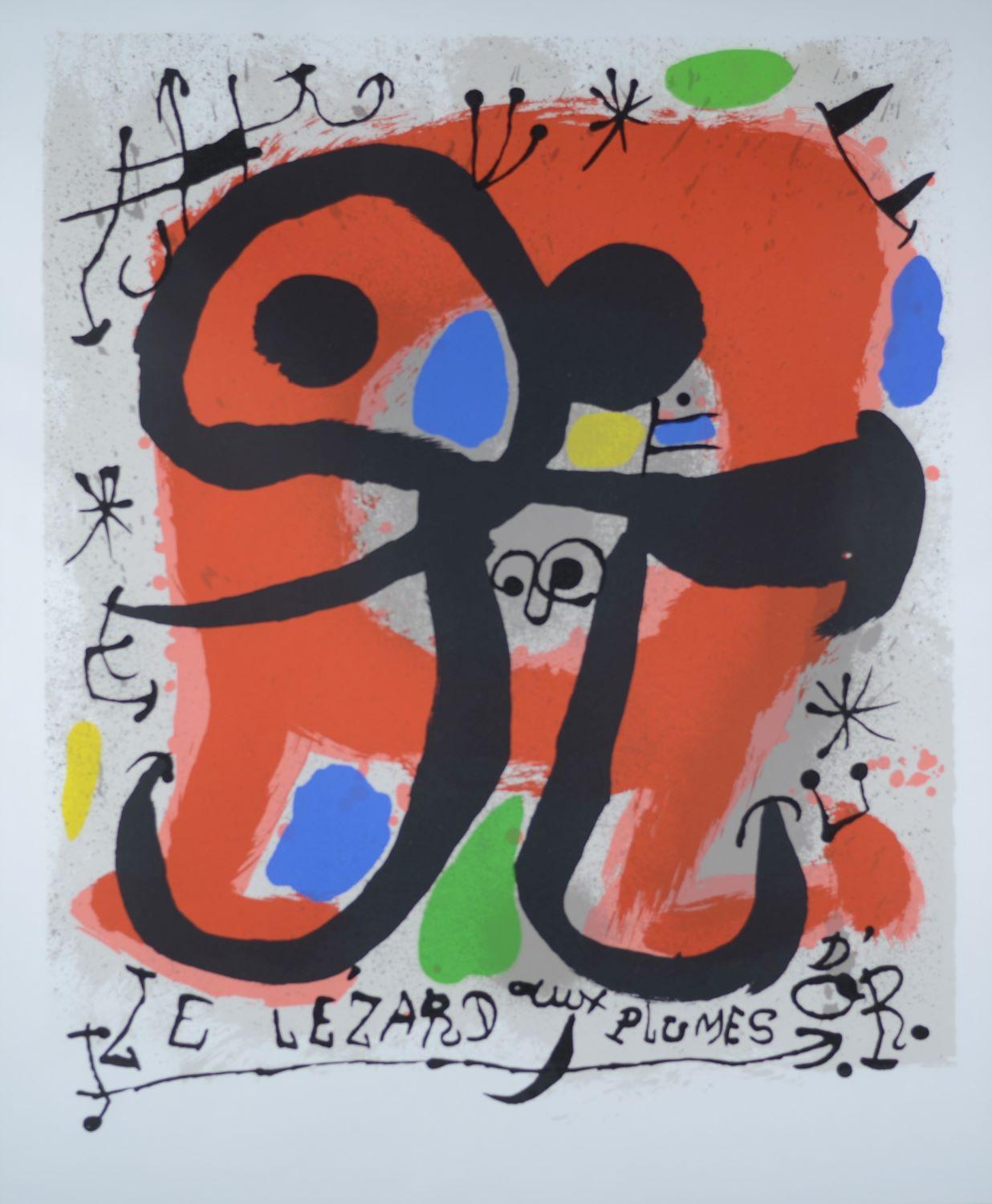 Large bright Miro Lithograph Le Lezard aux Plumes D'Or signed on plate framed - Art by Joan Miró