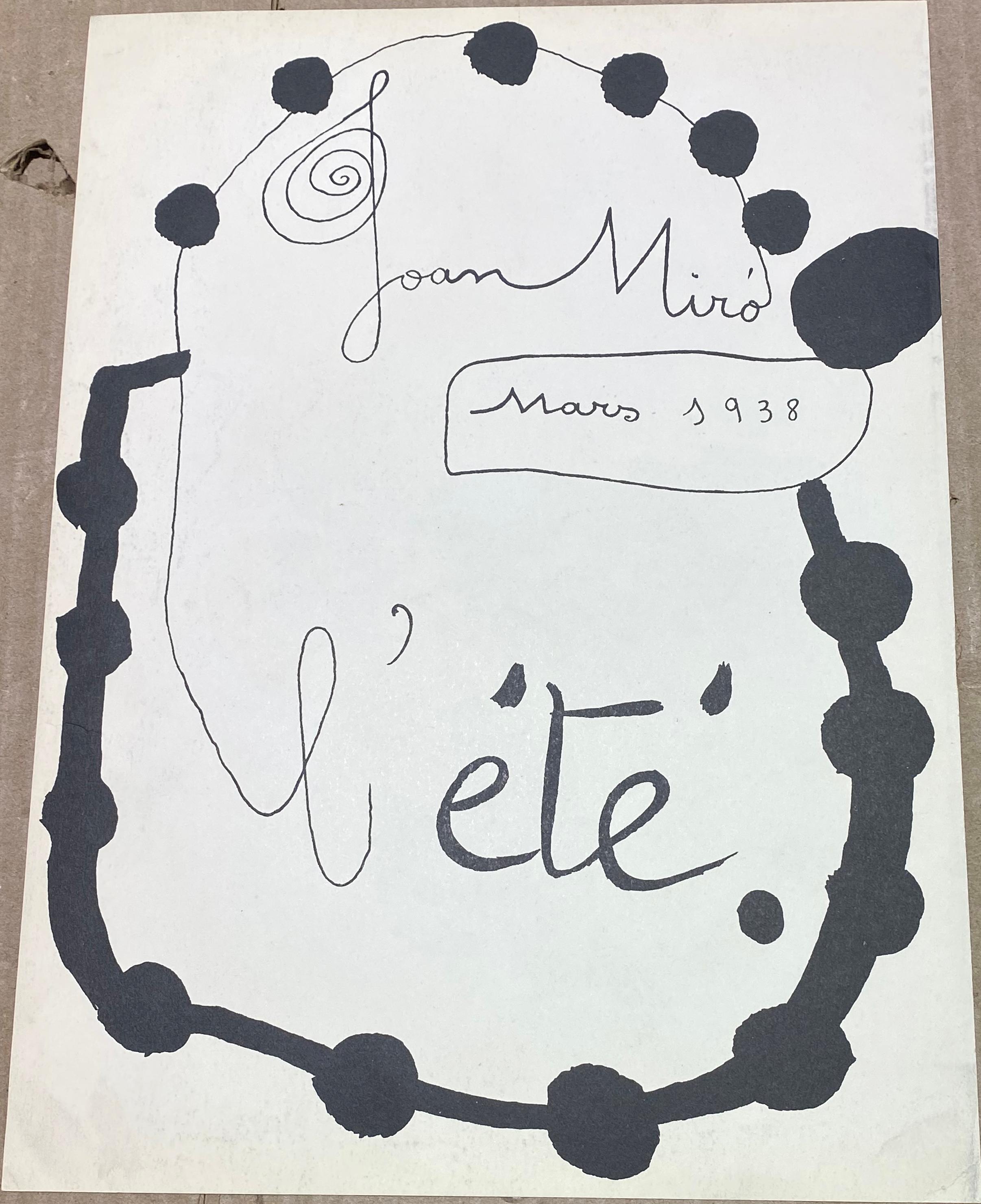 Artista: Joan Miró, español (1893 - 1983)
Título: L'Ete (Verano) de Verve (Vol. 1, No. 3)
Año: 1938
Técnica: Pochoir en color sobre papel tejido, firmado, titulado y fechado en la plancha, verso
Edición: 2000
Tamaño: 34,93 x 26,04 cm (13,75 x 10,25