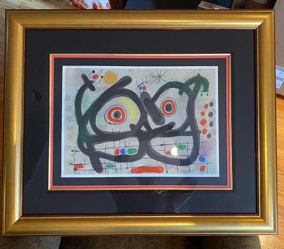An original lithograph created by Miro in 1967, Lezard aux Plumes d’Or is a beautifully colored print, hand-signed and numbered in pencil measuring 14 x 19 ¾ in. (35.6 x 50.2 cm), unframed.  From the signed edition of 50 published by Mourlot, Paris,