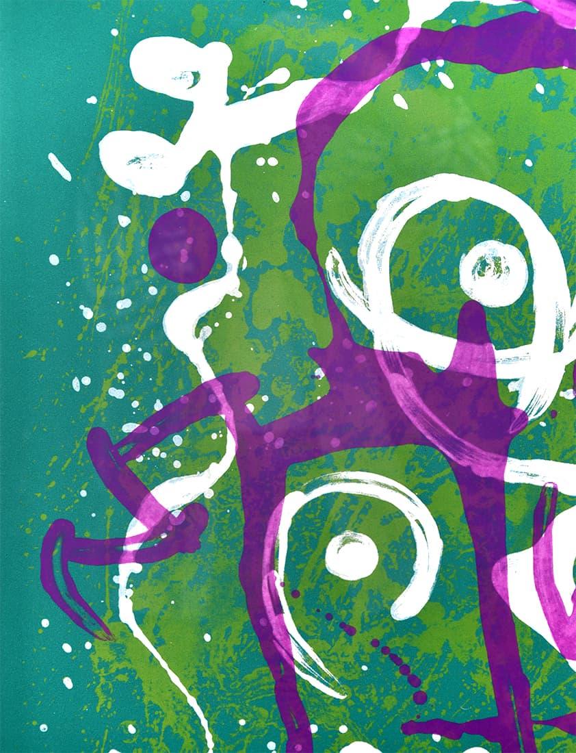 Joan Miró L'Illetré— Vert et Violet, 1969 is aesthetically a visual representation of Miro’s artistic mastery, a strong impression with bold colors that weave a world full of wonder. The background, a solid and opaque teal, houses a composition that