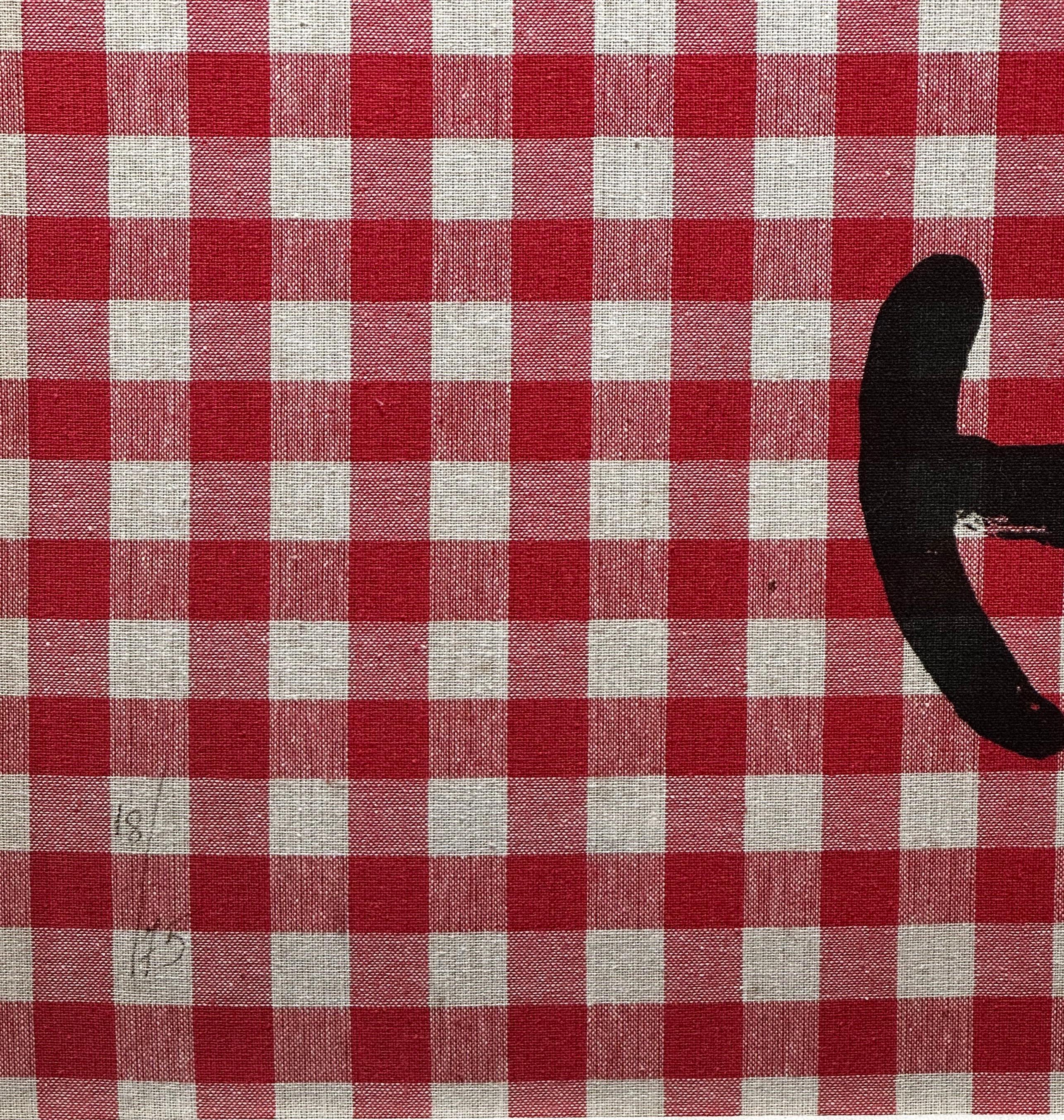 Künstler: Joan Miro
Titel: L'Illetre Aux Carreaux Rouges
Medium:  Farblithografie auf rot-weißem Tuch auf Mandeure Chiffon auf Karton montiert
Größe: 24,37 x 32,25 Zoll 
Unterschrieben:  Handsigniert
Auflage: 18/75
Herausgeber: Maeght,