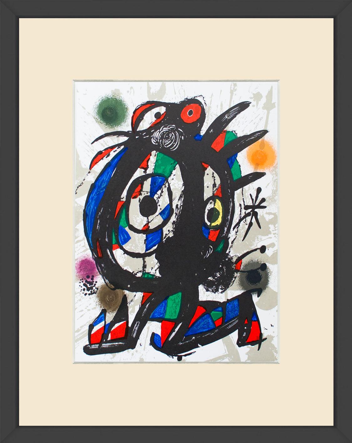 Diese in einem schwarzen Holzrahmen mit cremefarbenem Passepartout gerahmte Originallithografie von Joan Miró mit dem Titel Lithografia Original I ist ein Erstdruck, der in Joan Miró Lithographs Volume II von Maeght Éditeur 1975 veröffentlicht