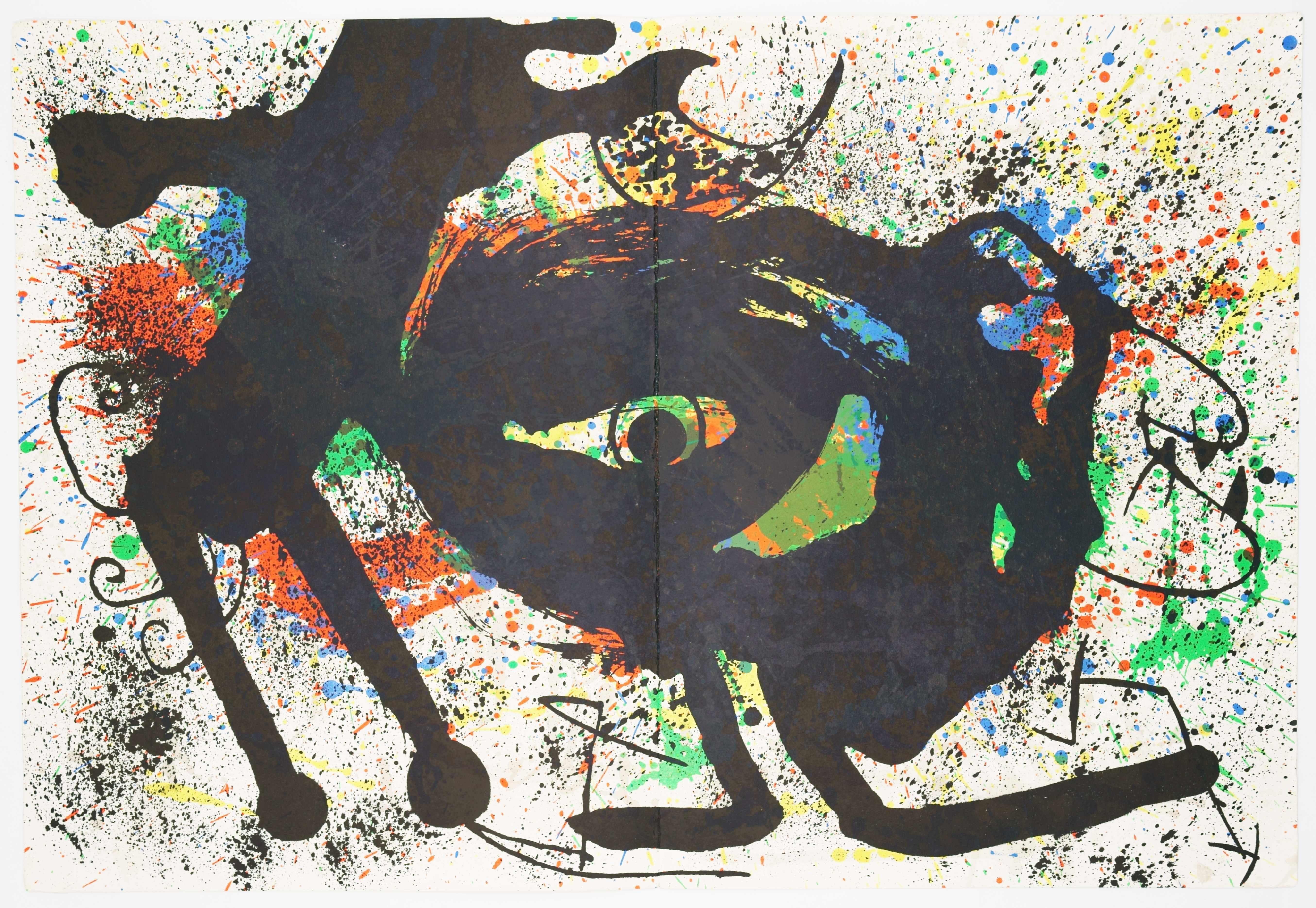 Litografia Derrière le Miroir no. 203 I / - Il campo di battaglia dell'immaginazione - Abstract Print Nero di Joan Miró