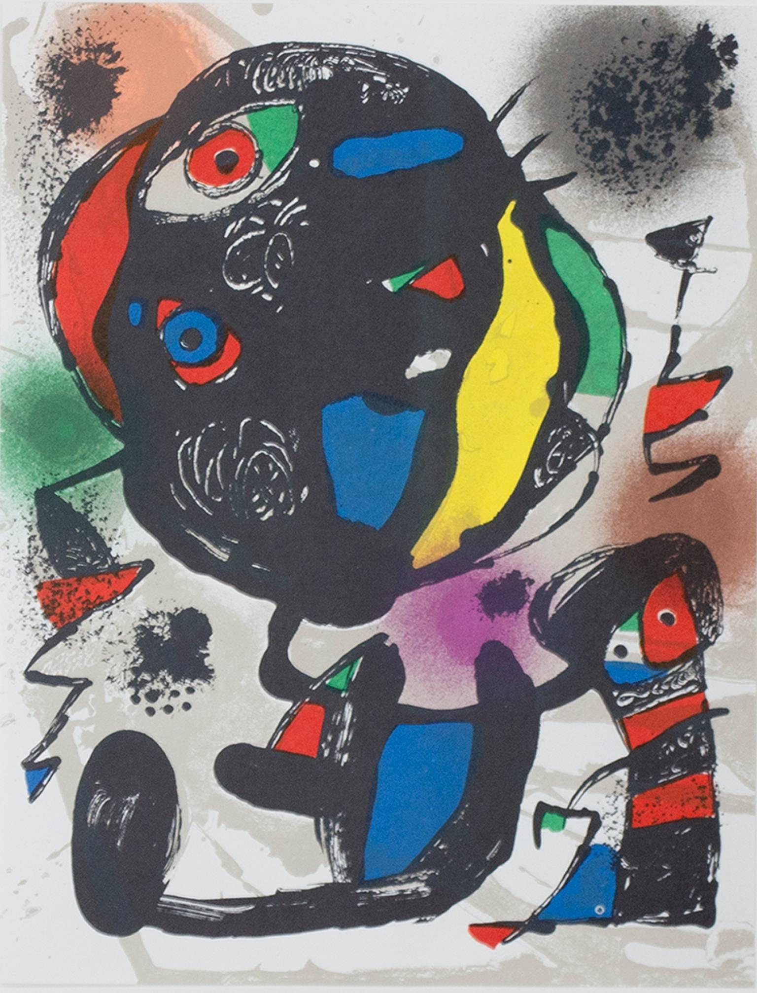 "Lithographie Originale V" ist eine originale Farblithographie von Joan Miro, die 1981 in "Miro Lithographs IV, Maeght Publisher" veröffentlicht wurde. Es zeigt Miros charakteristischen biomorphen abstrakten Stil in Schwarz, Grün, Gelb, Rot und