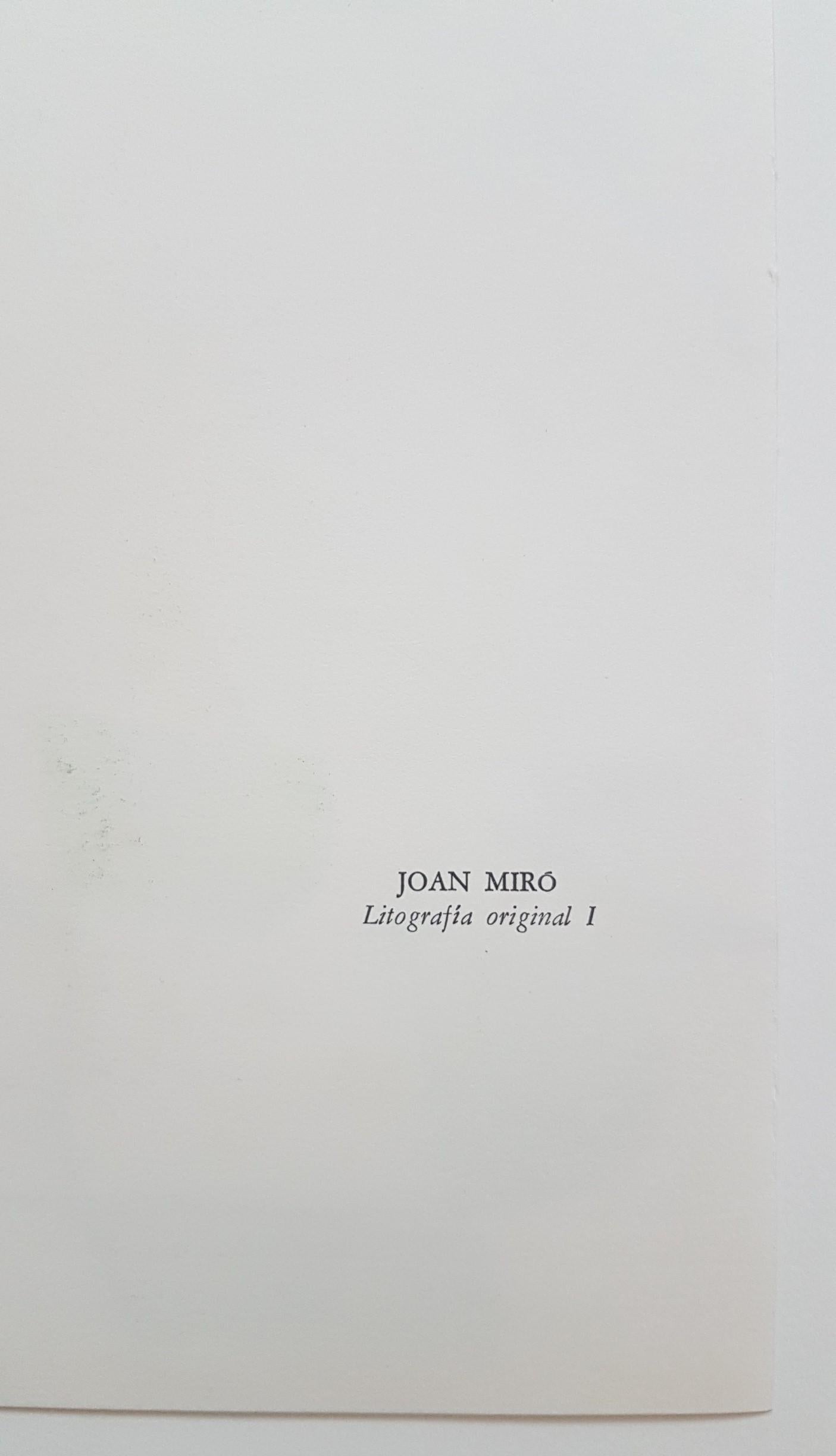 Joan Miró
Litografia Original I
Color Lithograph
Year: 1975
Size: 12.5 × 9.6 inches
Catalogue Raisonné: Queneau, Miro Lithographe II, 1952-1963, p.35
Publisher: Maeght Editeur, Paris, France 
Verso: Typographically annotated: 'Joan Miro - Litografia