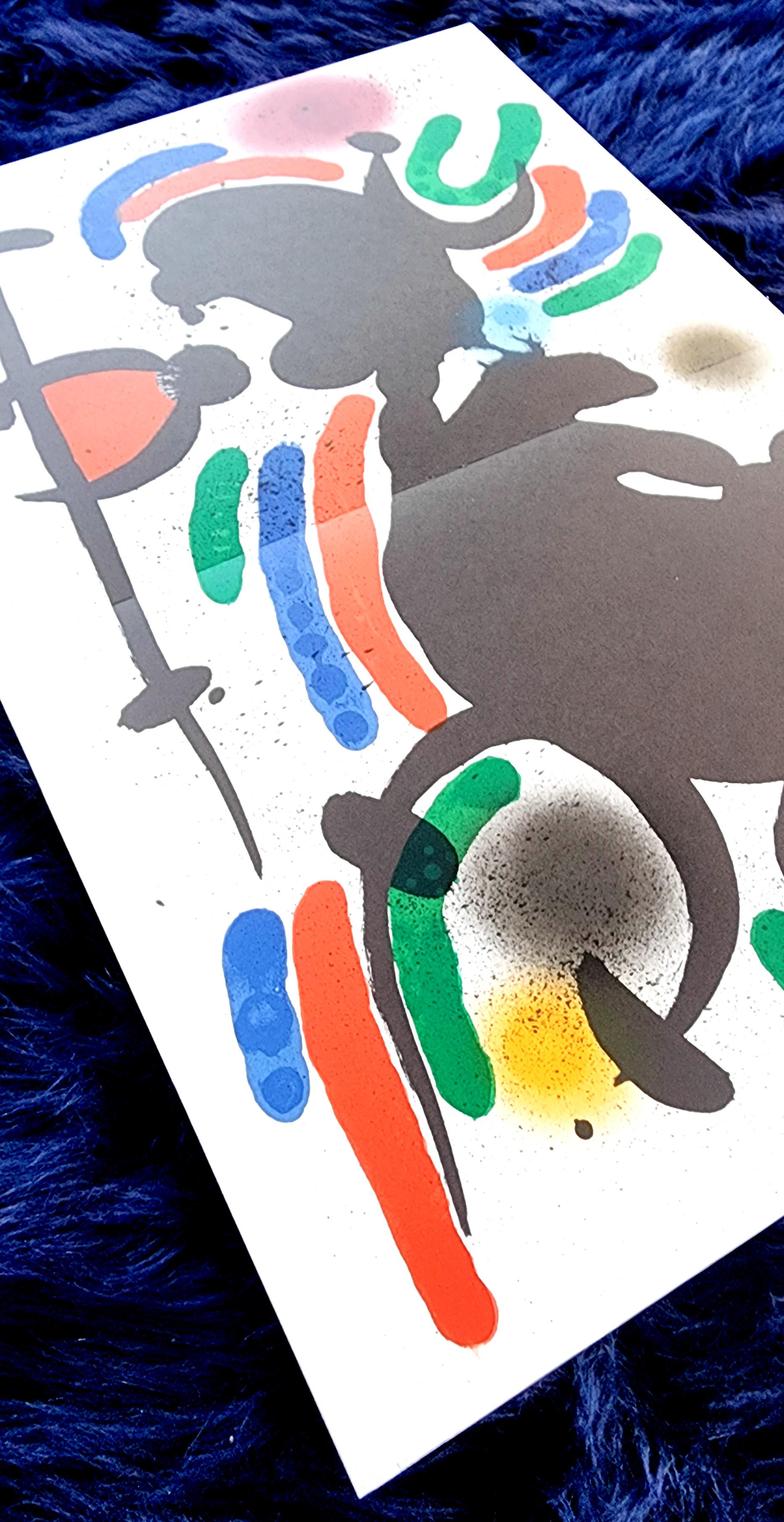 Joan Miró
Litografia originale IV
Litografia a colori
Anno: 1975
Dimensioni: 13,25 x 20 pollici (33,65 x 50,8 cm)
Catalogo ragionato: Queneau, Miro Lithographe II, 1952-1963, p.36
Editore: Maeght Editeur, Parigi, Francia 
Con il foglio centrale come
