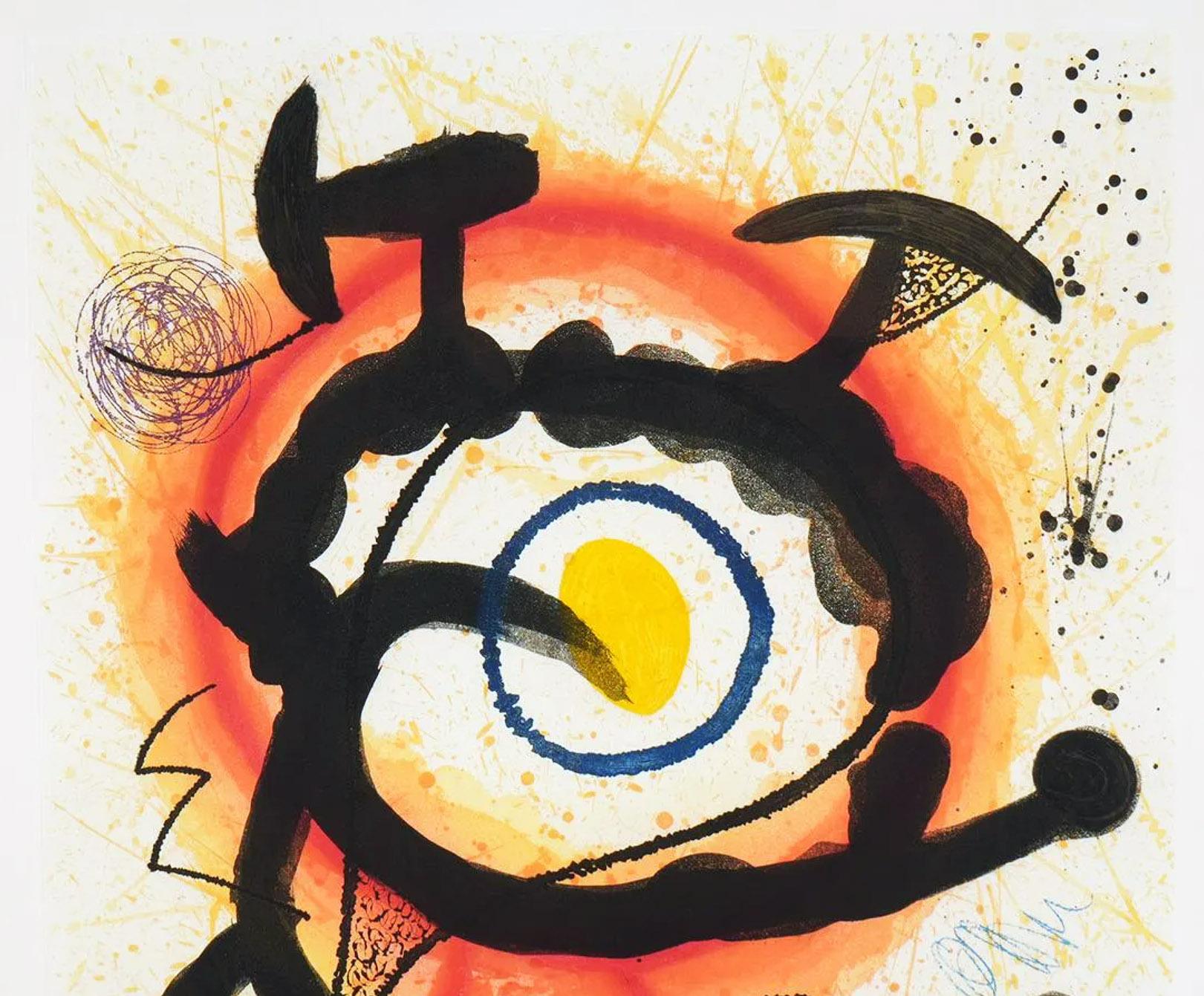 Joan Miró Mambo, c. 1978 is a dramatic and exuberant work. Greeting the viewer from his monumental paper home, the figure in Mambo, traced in splatters, washes and energetic black forms, reaches his arms wide. Like his sibling in Danseuse créole,
