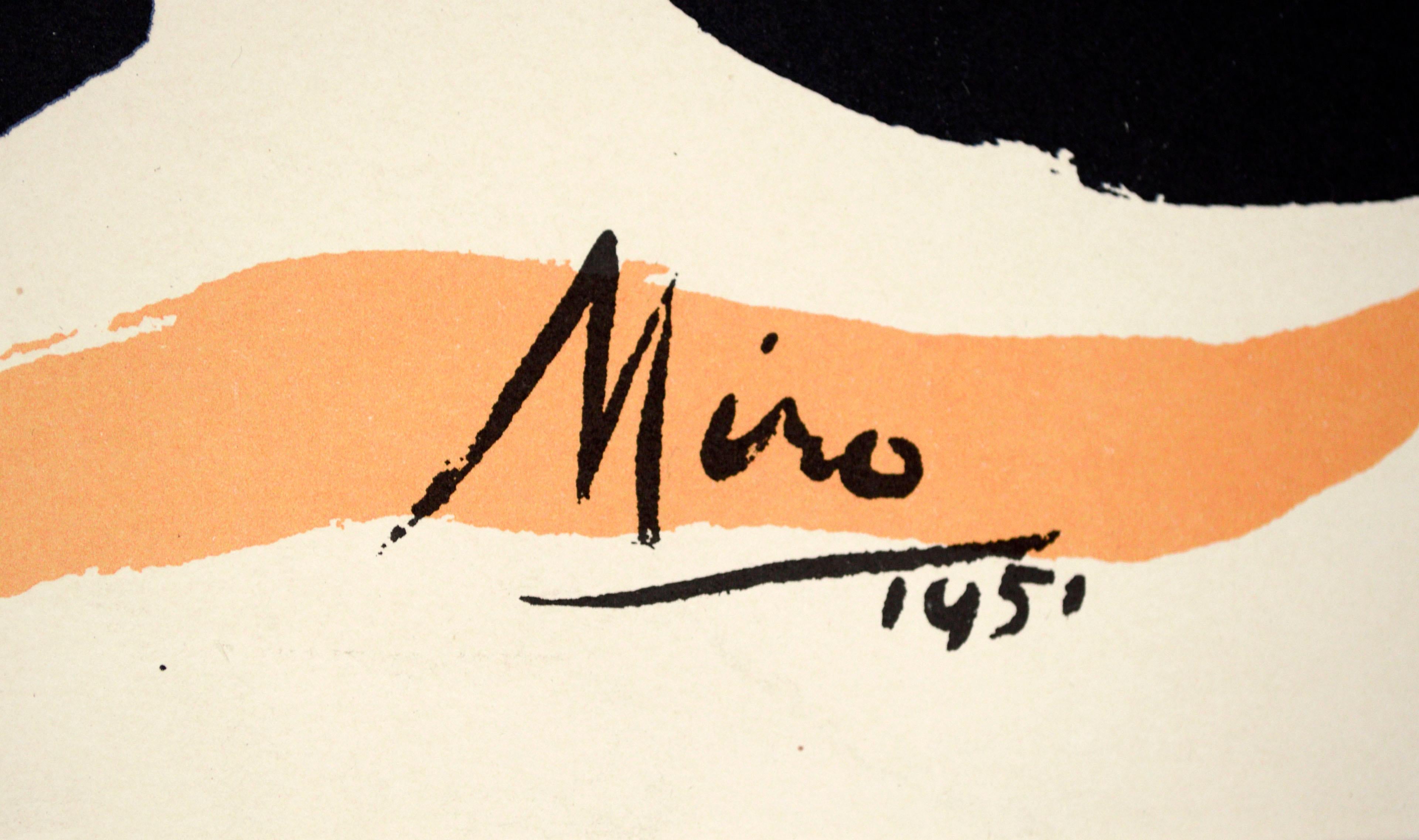Wonderfully vibrant surreal abstracted figurative exhibition poster of girl with green face and a mysterious primitive symbol by Joan Miro (French, 1893-1983), 1951. Signed and dated as part of plate 