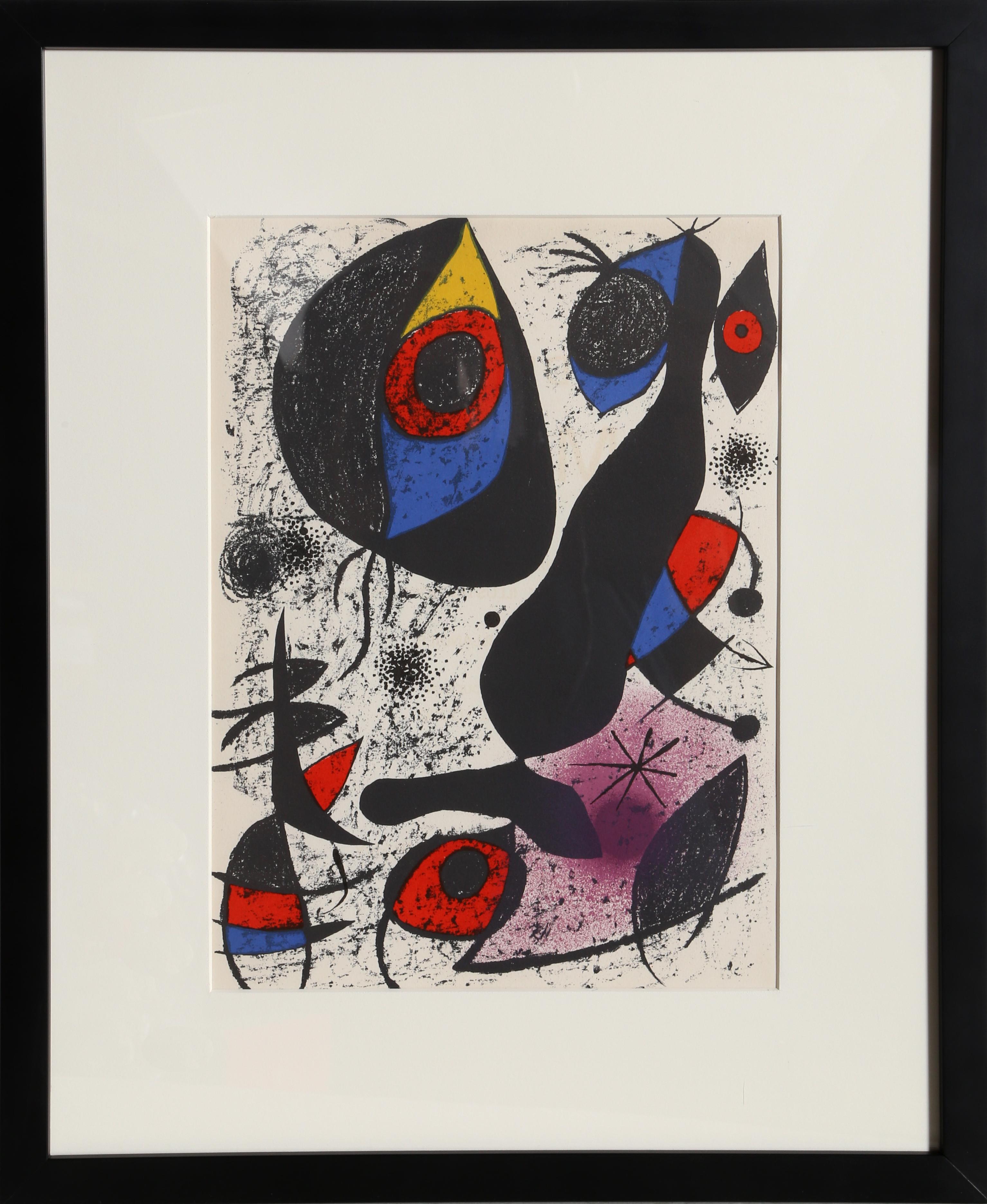 An original Joan Miro lithograph originally published in "Indelible Miro".

Miro a l’Encre I (Cramer 161)
Joan Miro, Spanish (1893–1983)
Date: 1972
Lithograph on Wove Paper
Size: 13.5 x 10 in. (34.29 x 25.4 cm)
Frame Size: 24 x 19.5 inches
Printer: