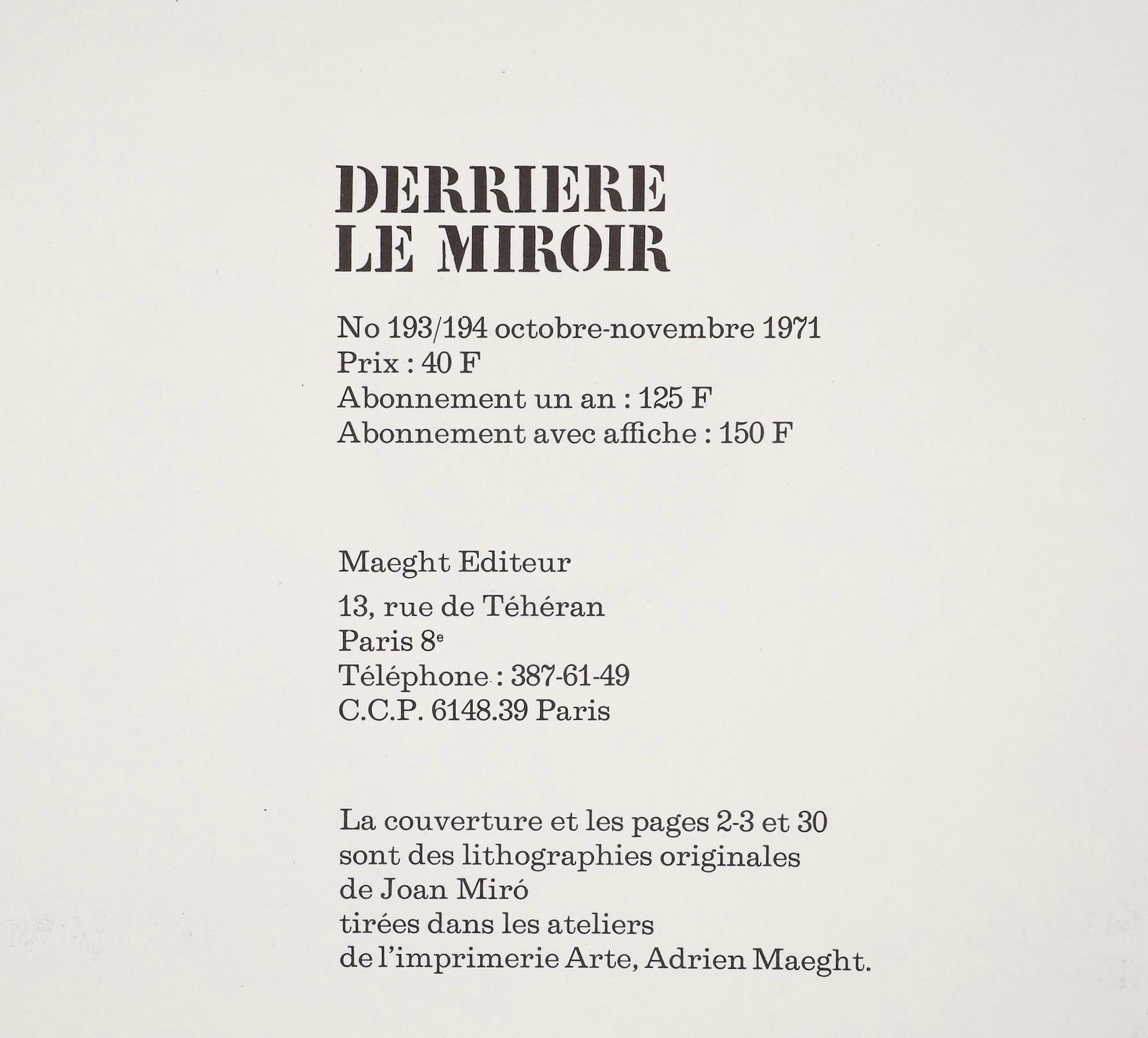 Lithograph on vélin paper. Inscription: Unsigned and unnumbered, as issued. Good condition, with centerfold, as issued. Notes: From the volume, Derrière le miroir, N° 193-194. Published by Aimé Maeght, Éditeur, Paris; printed by Éditions Pierre à
