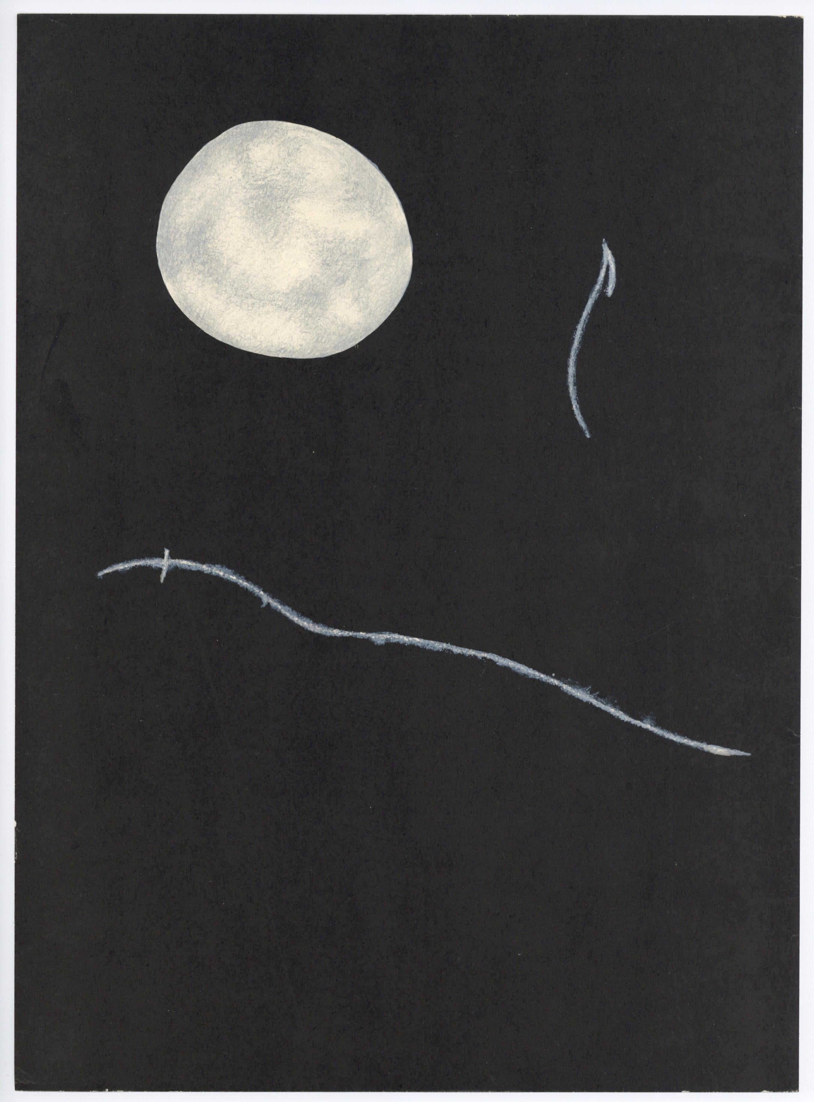 Miró, Composition, Derrière le miroir (d'après) - Noir Figurative Print par Joan Miró