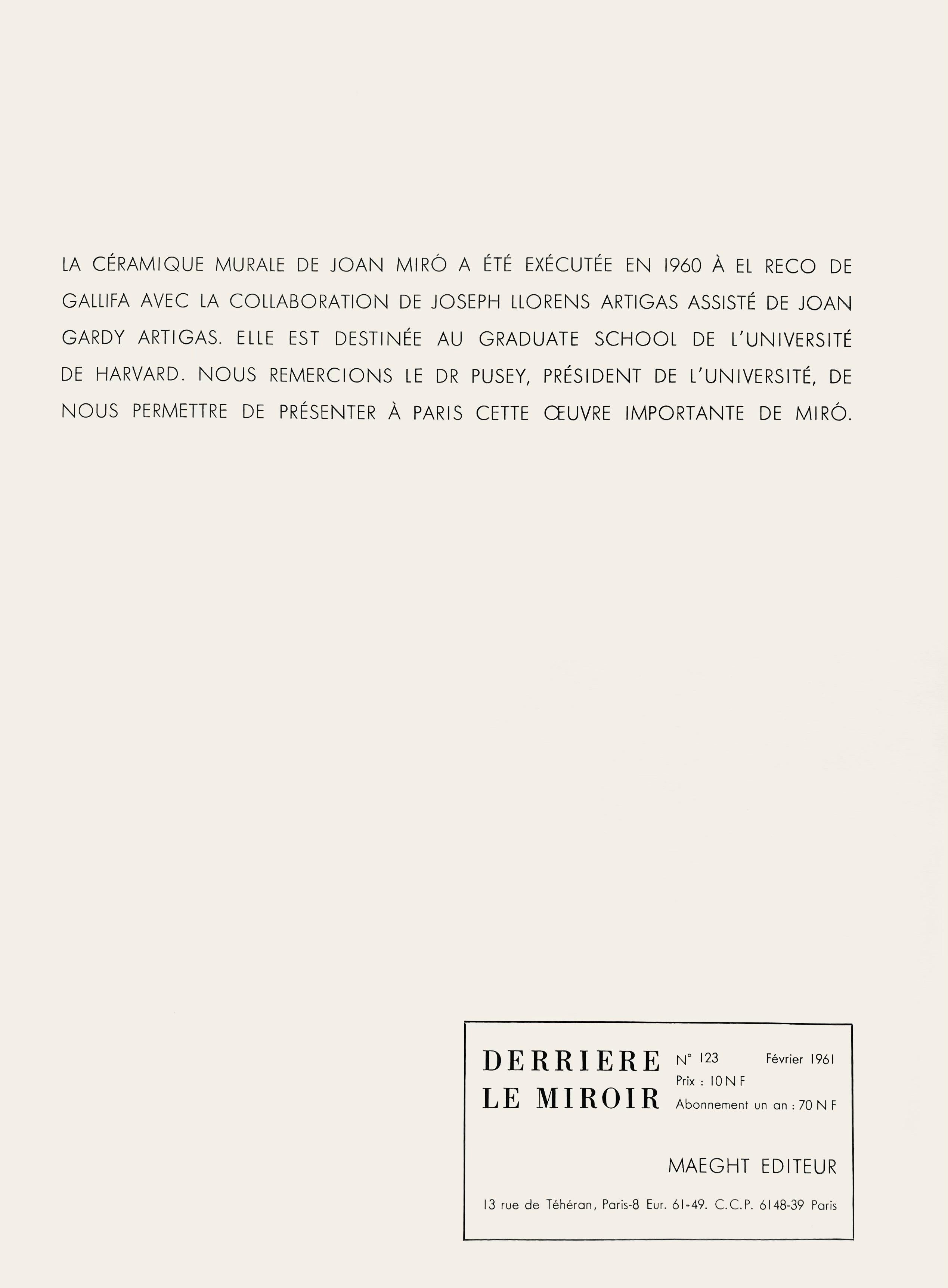 Lithograph on vélin paper. Inscription: Unsigned and unnumbered, as issued. Good condition. Notes: From volume, Derrière le miroir, N° 123, 1961. Published by Aimé Maeght, Éditeur, Paris; printed by Éditions Pierre à Feu, Galerie Maeght. Excerpted