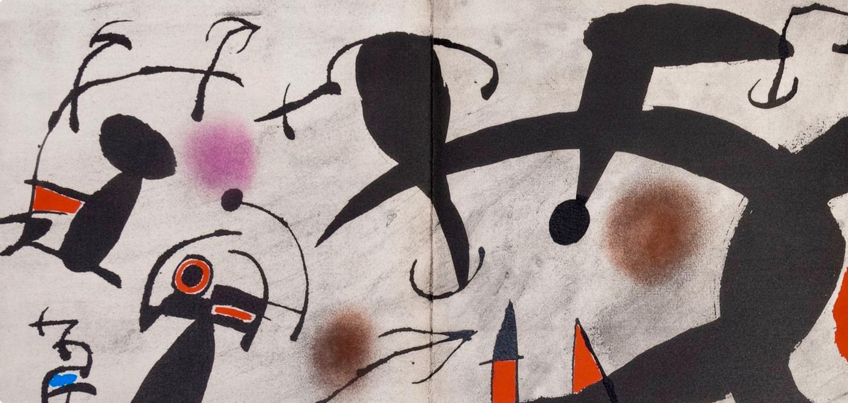 Lithograph and stencil on vélin d'Arches paper. Inscription: Unsigned and unnumbered, as issued. Good condition, with trifold, as issued. Notes: From the volume, Miró, Oiseau Solaire, Oiseau Lunaire, Étincelles, 1967. Published by Pierre Matisse