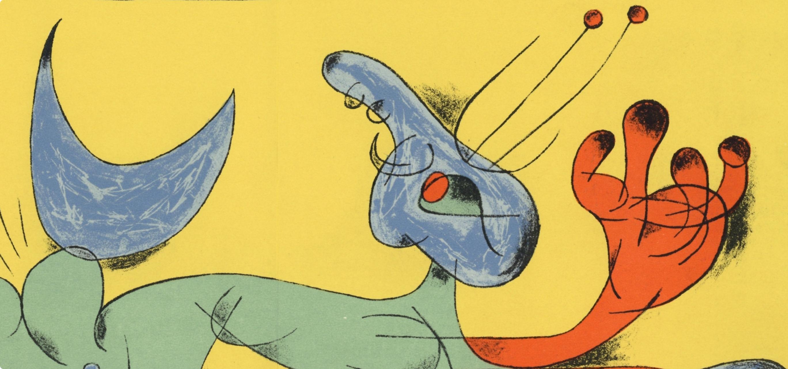 Lithograph on vélin paper. Inscription: Unsigned and unnumbered, as issued. Good condition, with centerfold, as issued. Notes: From volume, Joan Miro by Jacques Prévert and Georges Ribemont-Dessaignes, 1956. Published by Maeght; printed by Mourlot.