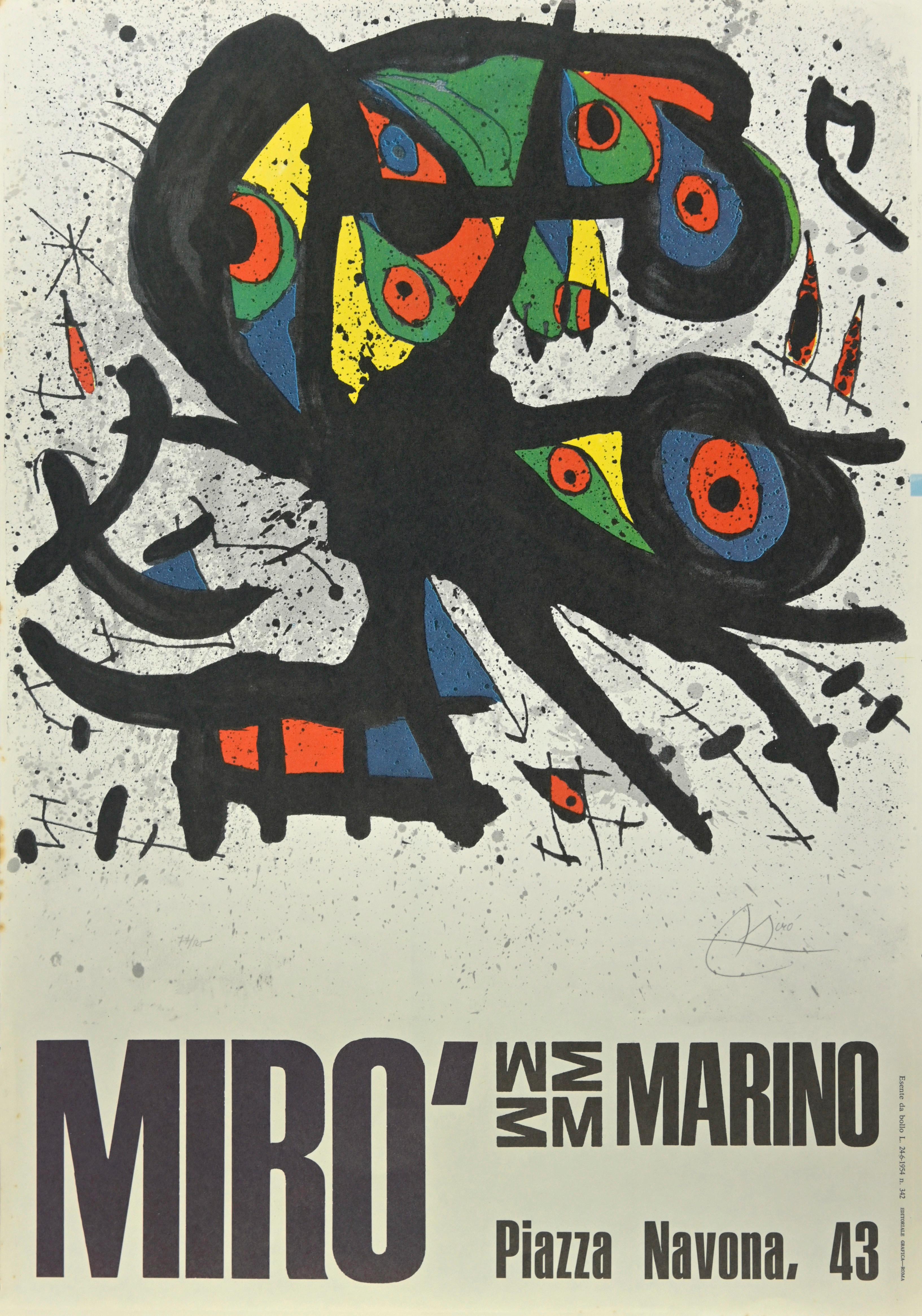 "Miró Exhibition Poster " is a vintage  photo-offset print realized after Joan Miró in 1971, it comes from one of the Italian Exhibition posters of the artist, held in Rome, Piazza Navona, 43 in Marino.

Perfect conditions, signed in the plate.

The