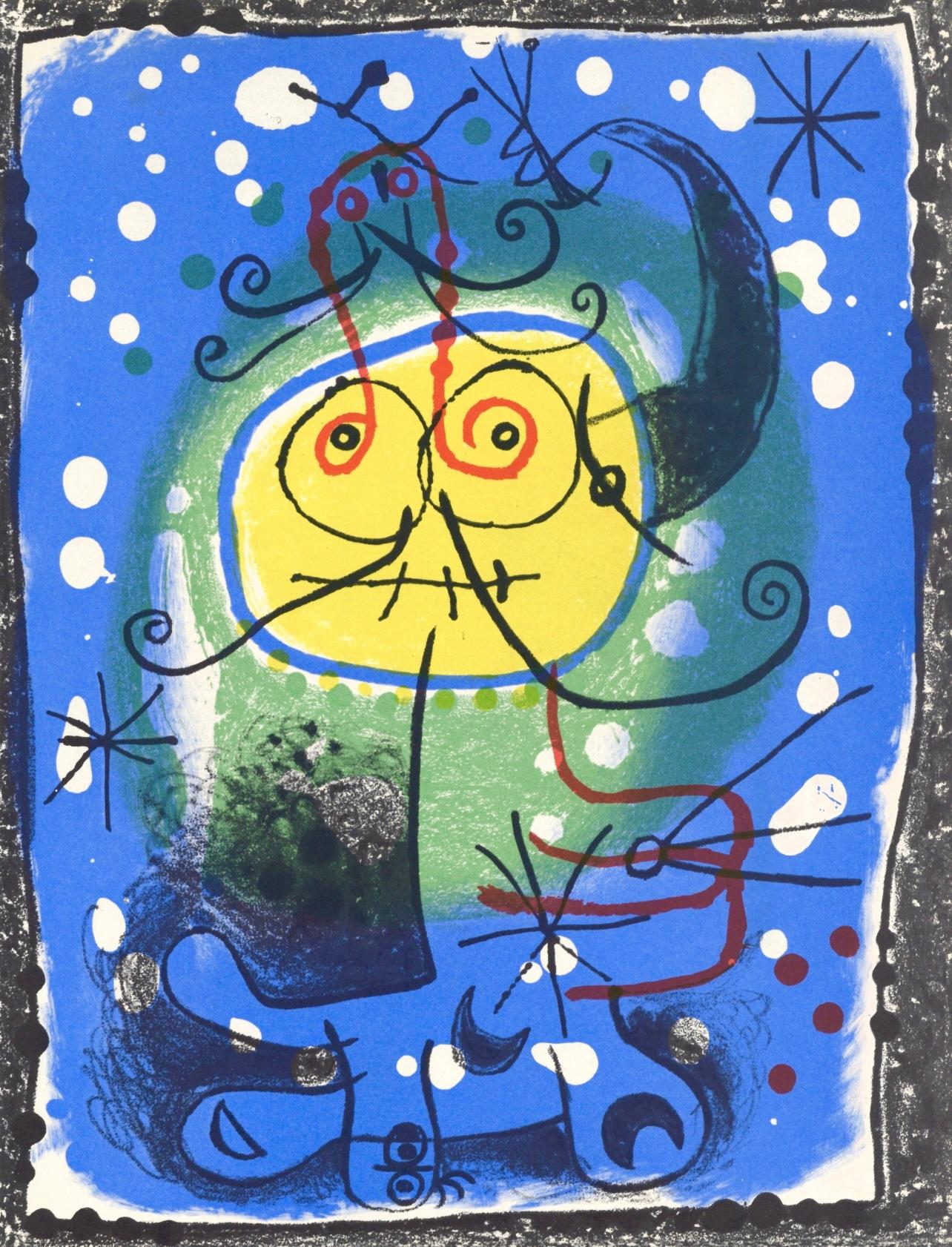 Joan Miró Figurative Print – Miró, Personnage sur fond bleu, XXe Siècle (nach)