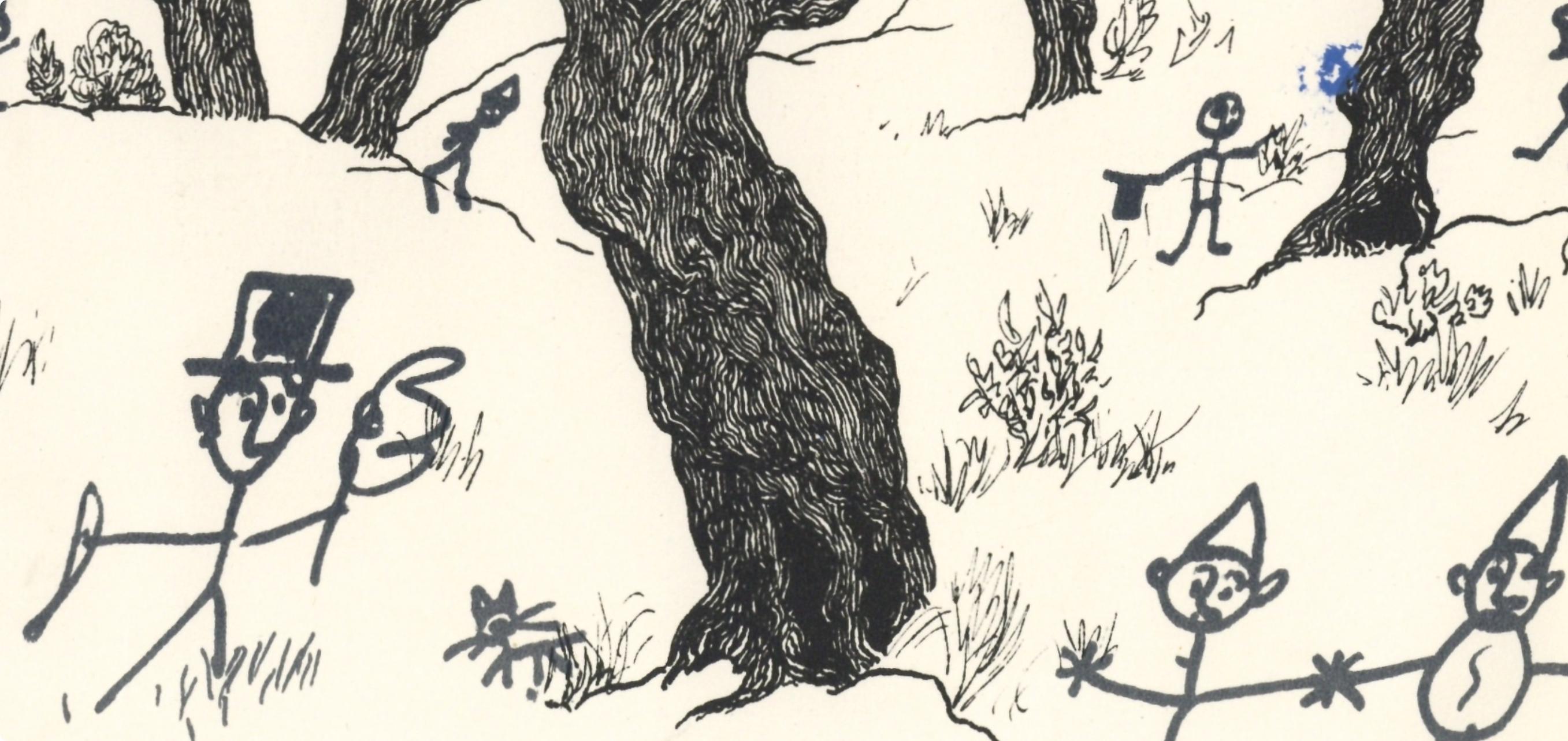 Miró, Prévert, Ribemont-Dessaignes, Composition (Mourlot 236; Cramer 39) (after) - Beige Figurative Print by Joan Miró