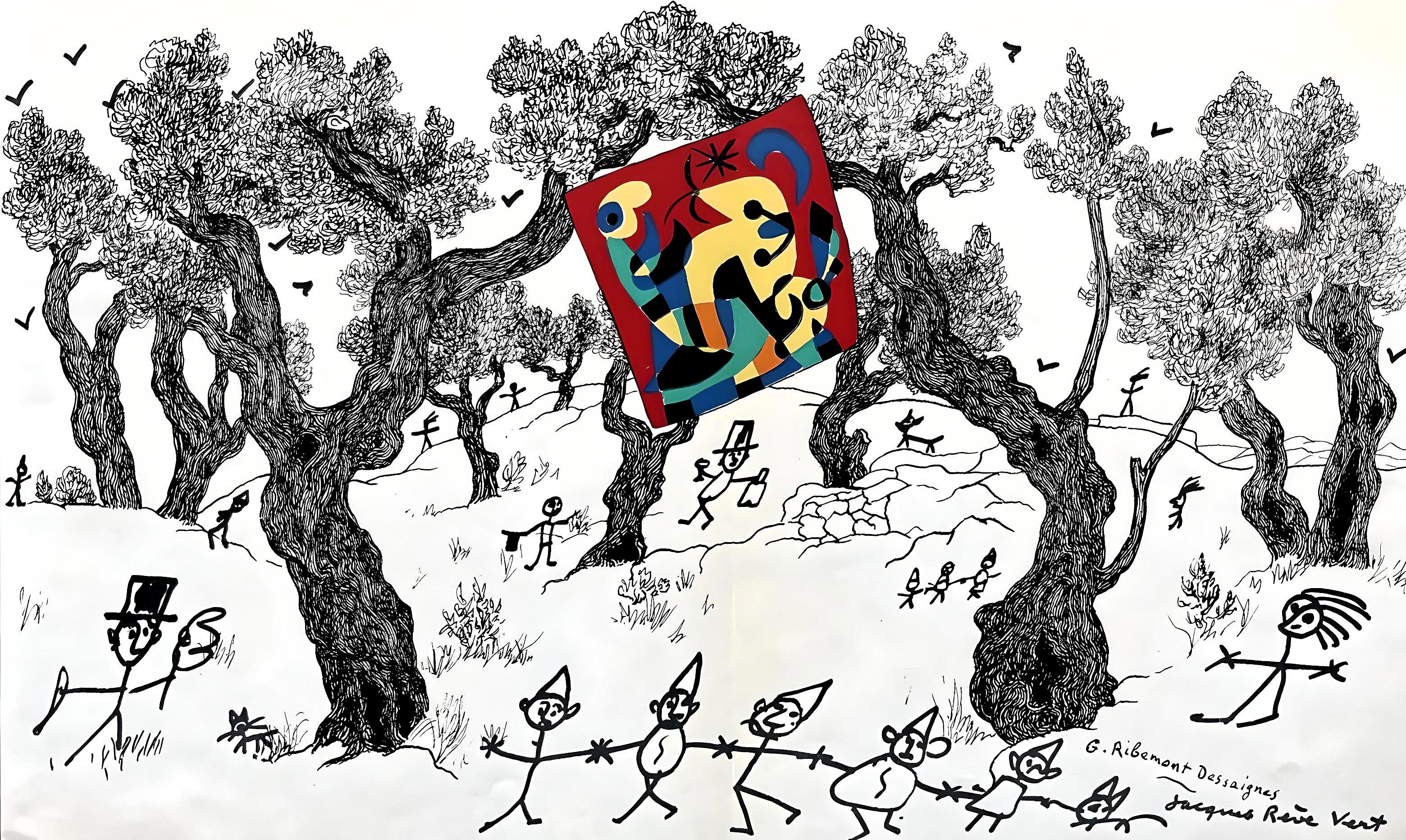 Joan Miró Figurative Print - Miro, Prévert, Ribemont-Dessaignes, Composition (Mourlot 236; Cramer 39) (after)