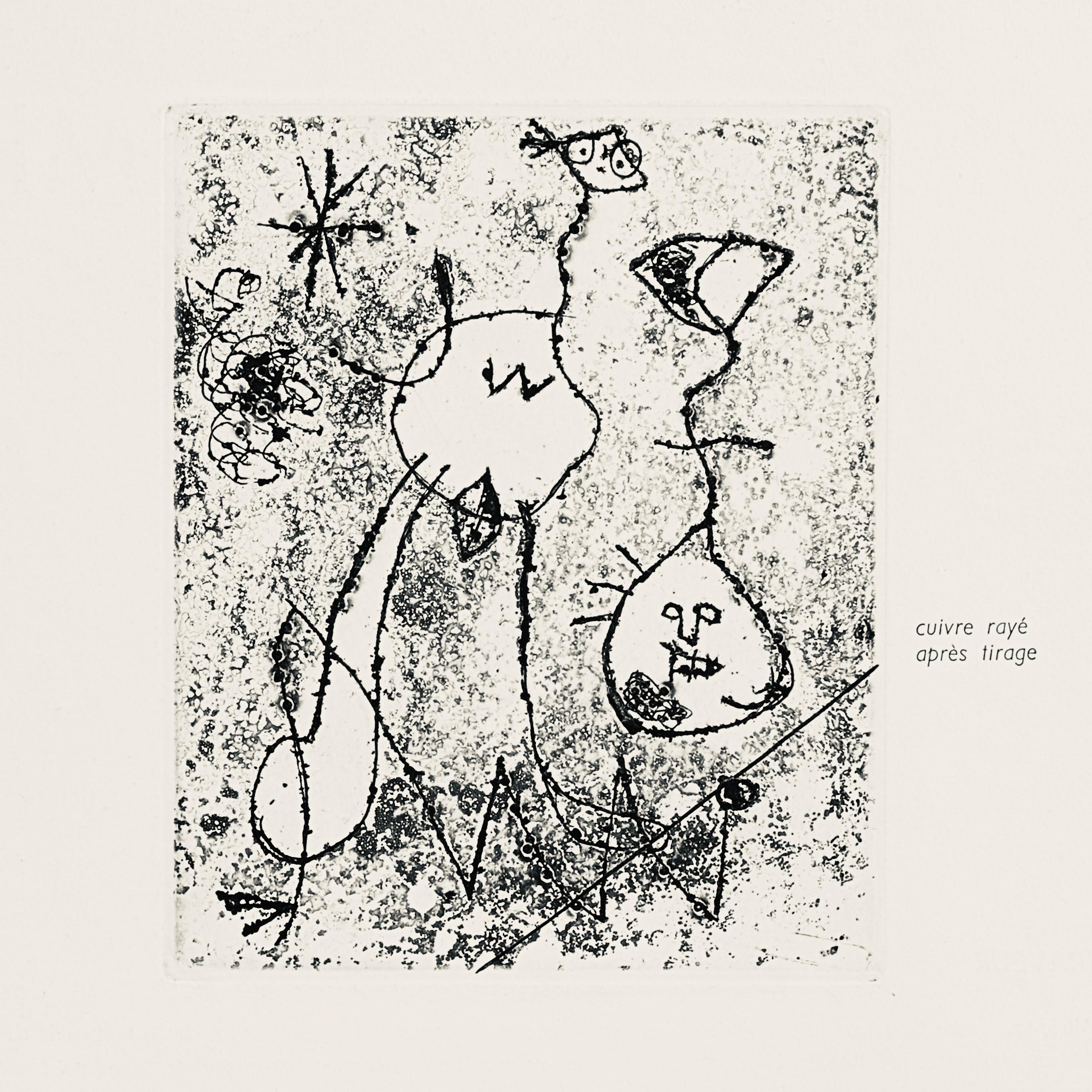 Etching from cuivre rayé après tirage on vélin paper. Paper Size: 15 x 11 inches; image size: 5.91 x 4.92 inches. Inscription: Unsigned and unnumbered, as issued. Catalogue raisonné references: Cramer, Patrick, and Joan Miró. Joan Miró, Catalogue