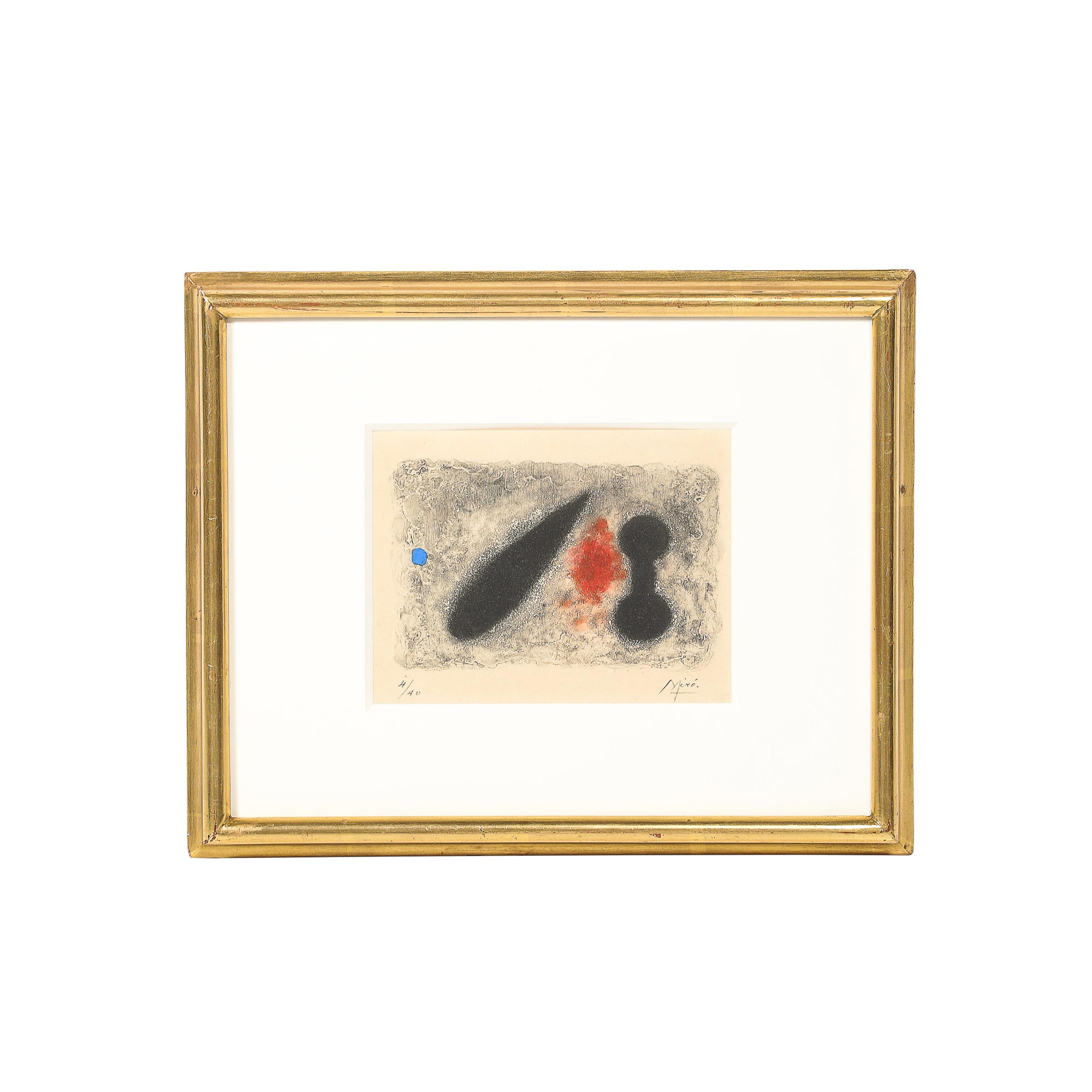 This exquisite Modernist etching and aquatint, titled "Nous Avons" by legendary Spanish artist Joan Miró, is a captivating example of his surrealist and abstract visual language. Created circa 1959, the work reflects Miró's mastery of line, form,