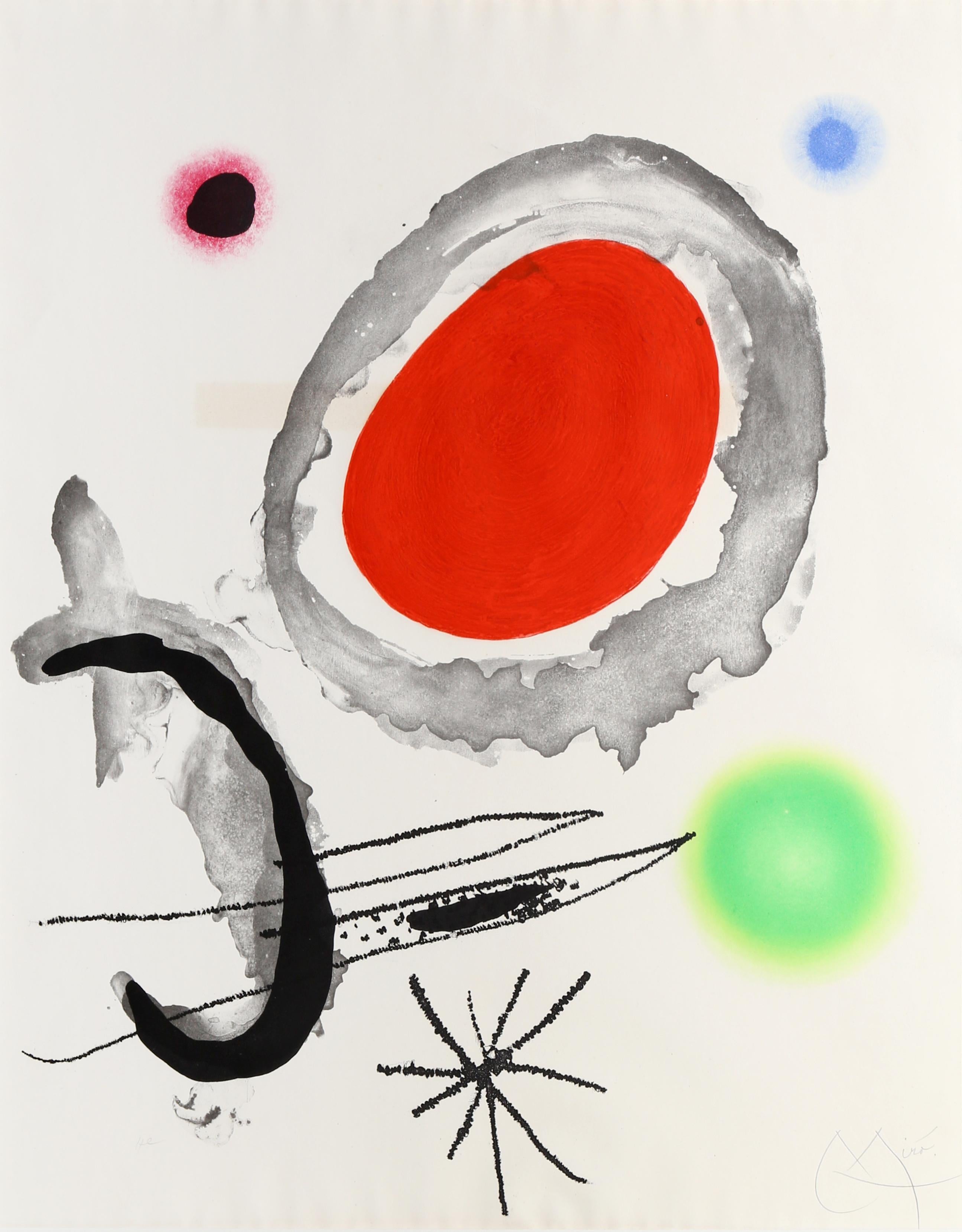 Oiseau Entre deux Astres, gerahmte Radierung von Joan Miro, 1967 (Grau), Abstract Print, von Joan Miró
