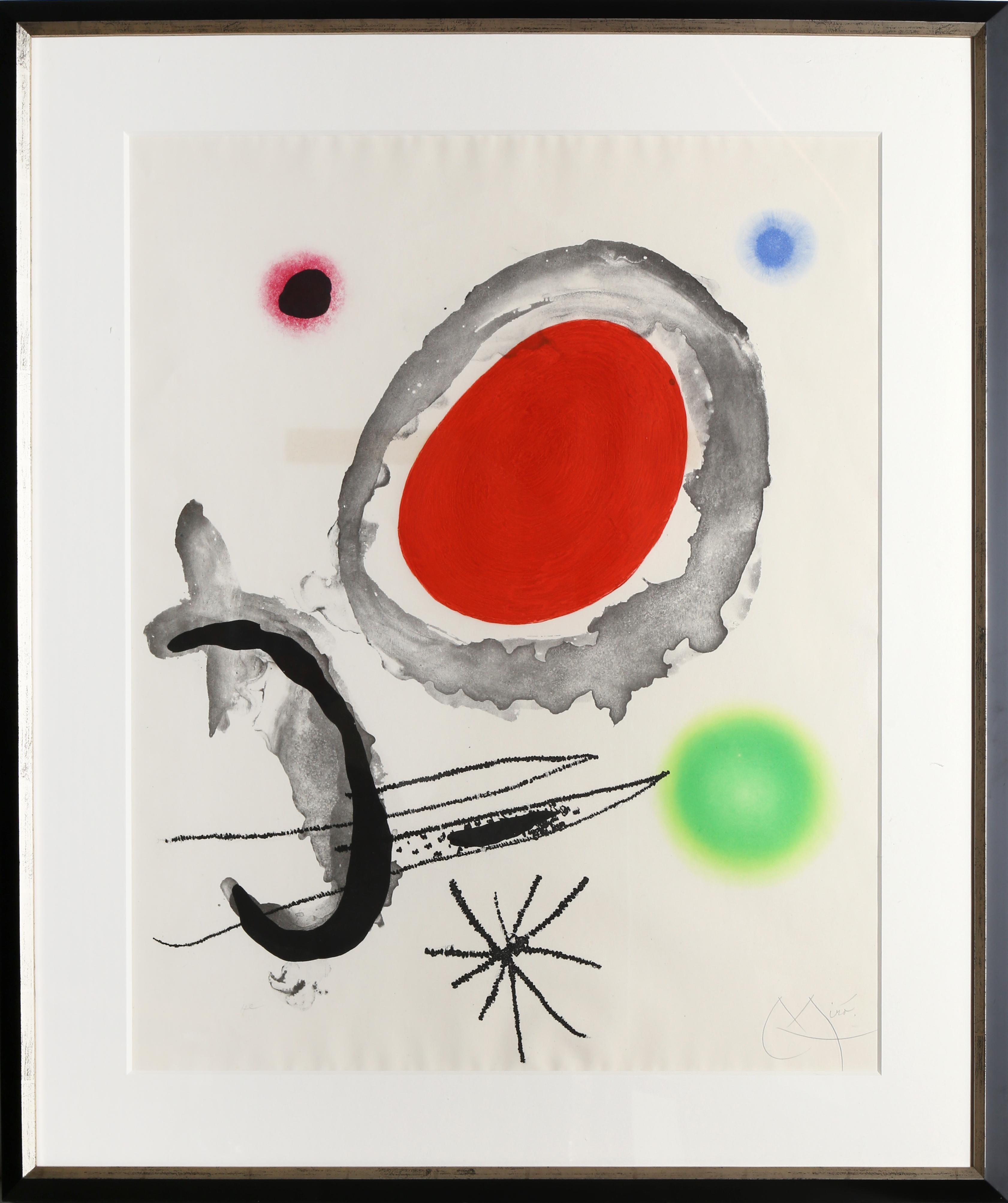 Joan Miró Abstract Print - Oiseau Entre deux Astres, Framed Etching by Joan Miro 1967