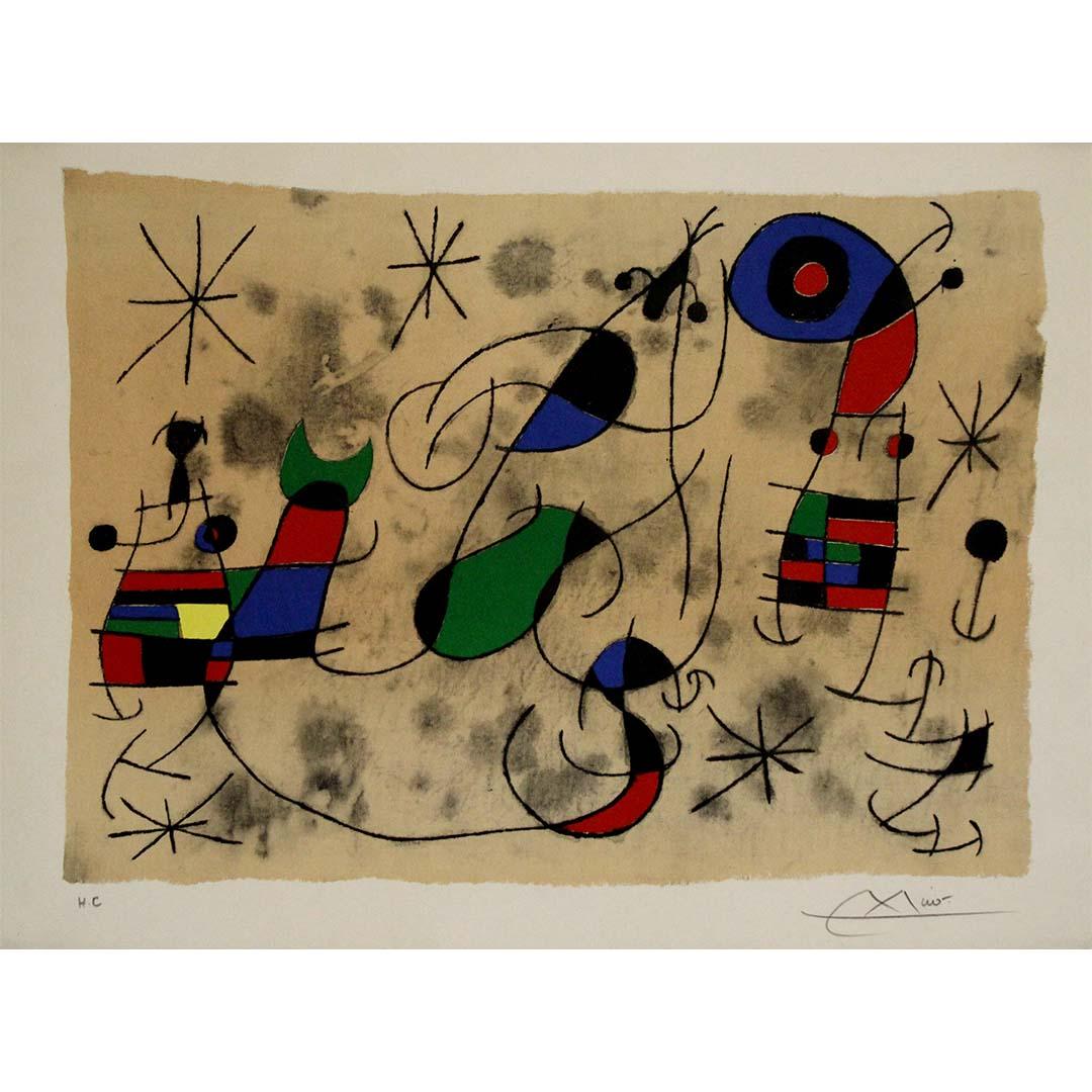 Questa luminosa litografia di Joan Miró, intitolata L'oiseau solaire, l'oiseau lunaire, étincelles (L'uccello del sole, l'uccello della luna, scintille), cattura l'immaginazione cosmica del maestro catalano in pieno volo. Creata originariamente nel