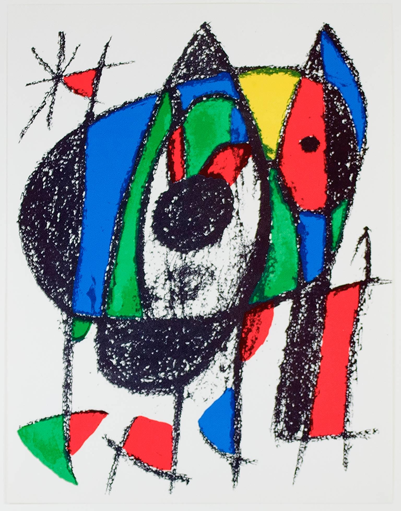 "Original Lithograph V" is an original color lithograph by Joan Miro, published in "Miro Lithographs II, Maeght Publisher" in 1975. It depicts Miro's signature biomorphic abstract style in black, green, yellow, red, and blue. 

12 9/16" x 9 3/4"