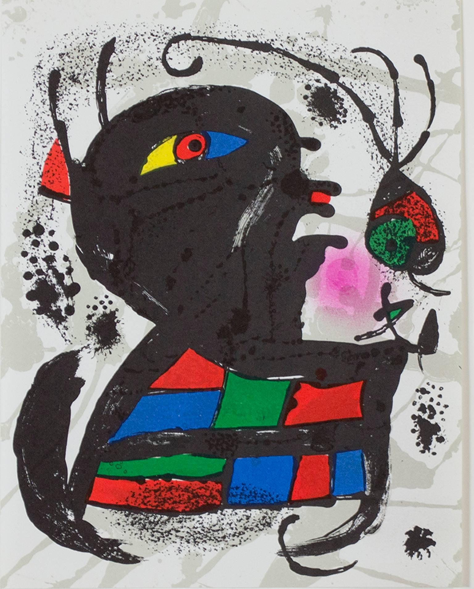 "Original Lithograph V" ist eine Original-Farblithographie von Joan Miro, die 1977 in "Miro Lithographs III, Maeght Publisher" veröffentlicht wurde. Es zeigt Miros charakteristischen biomorphen abstrakten Stil in Schwarz, Grün, Gelb, Rot und Blau.