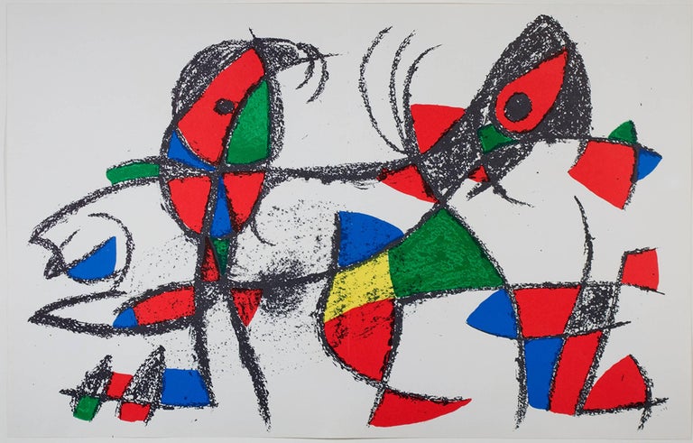 "Original Lithograph X" is an original color lithograph by Joan Miro, published in "Miro Lithographs II, Maeght Publisher" in 1975. It depicts Miro's signature biomorphic abstract style in black, green, yellow, red, and blue. 

12 9/16" x 19 7/16"