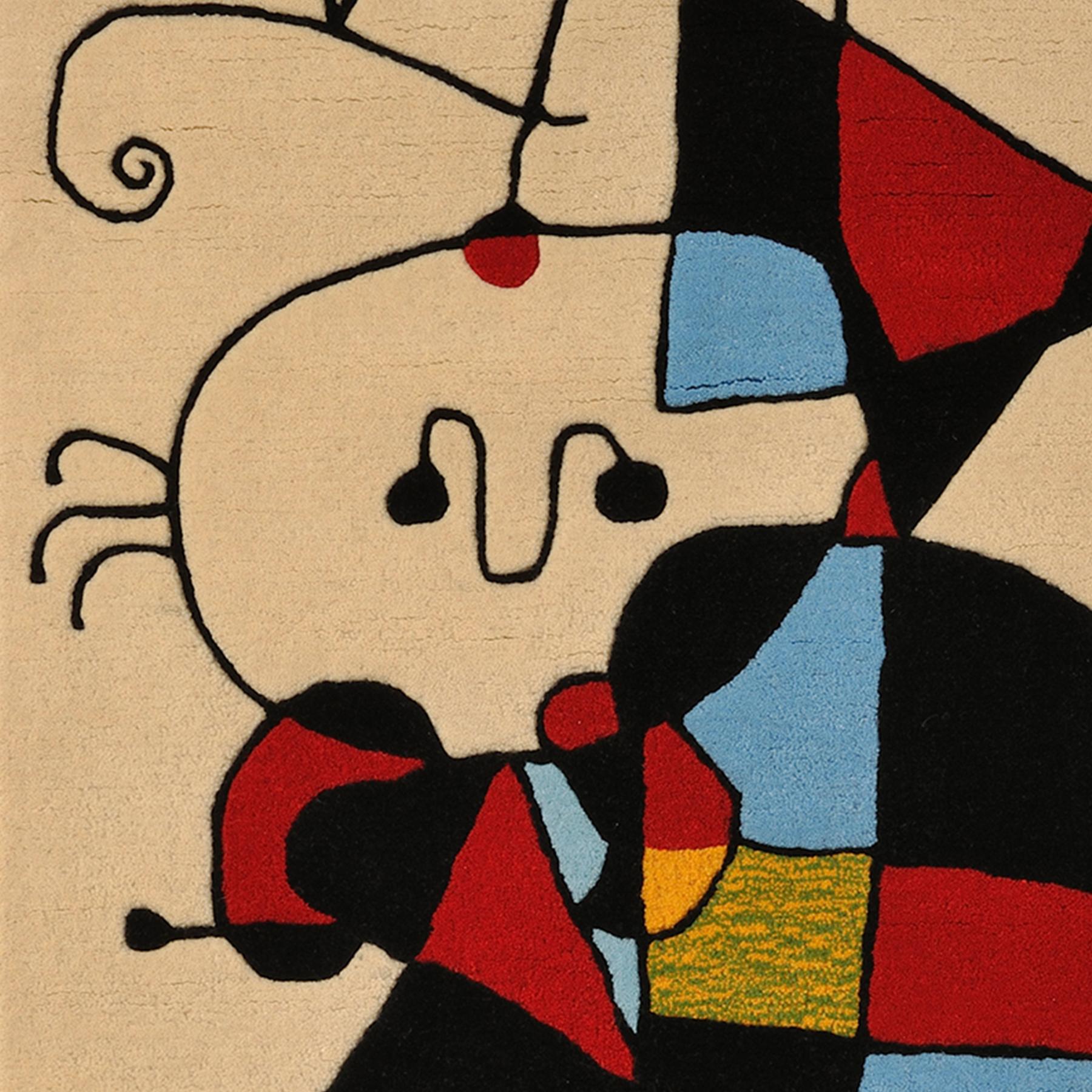 JOAN MIRÒ
Personnages et Chien devant le Soleil, 1949
Wool Tapestry
Signed on sticker label
In excellent condition
The artwork is offered unframed

This tapestry displays Mirós use of automated drawing and primary colors. Imaginative forms are