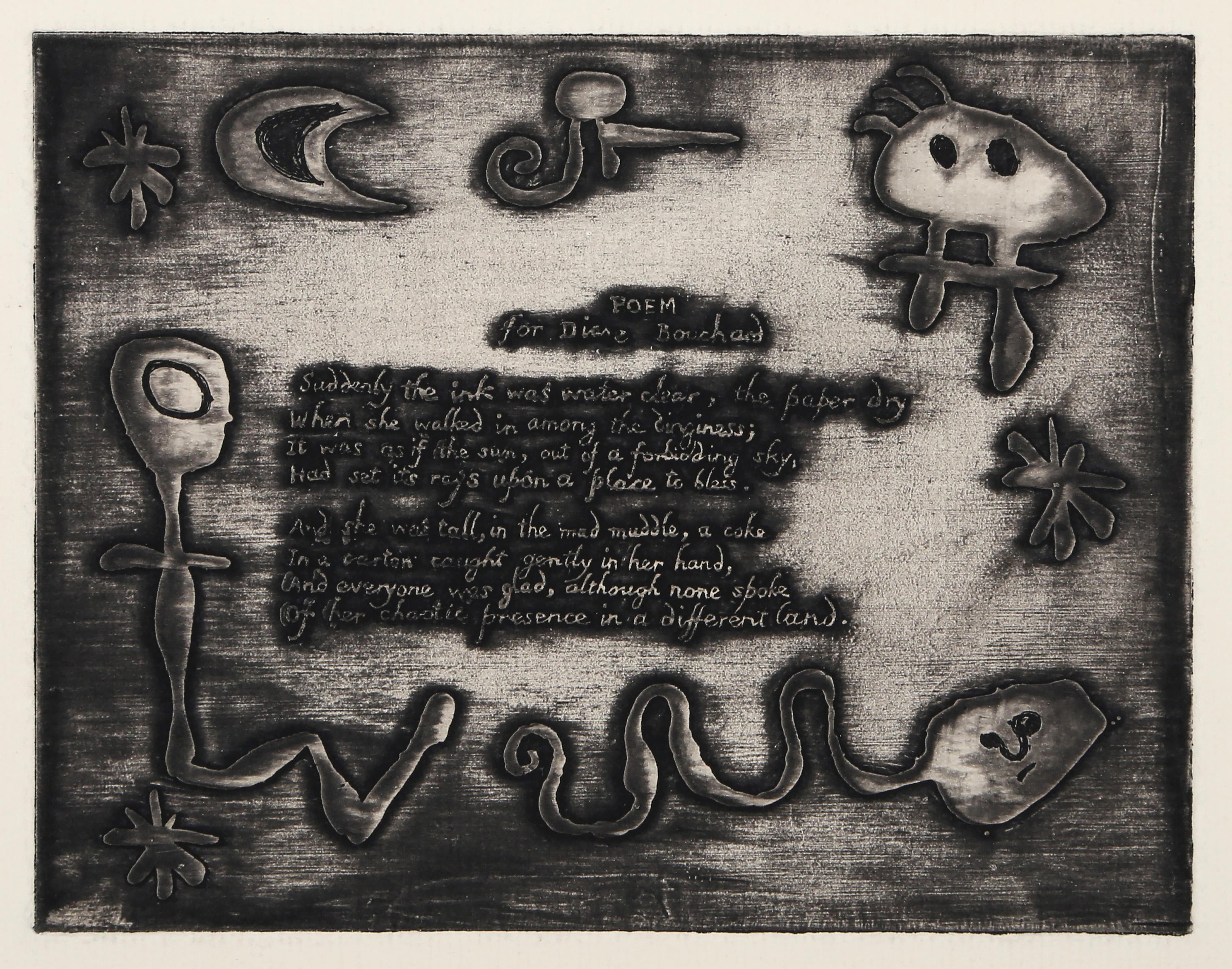 Joan Miró, Spanish (1893 -1983) - Poem For Diane Bouchard, Year:  1947, Medium:  Etching and Aquatint on laid paper, signed in the plate, Image Size:  5.5 x 7 inches, Size:  14.75 x 11.5 in. (37.47 x 29.21 cm), Printer:  Atelier 17, New York,