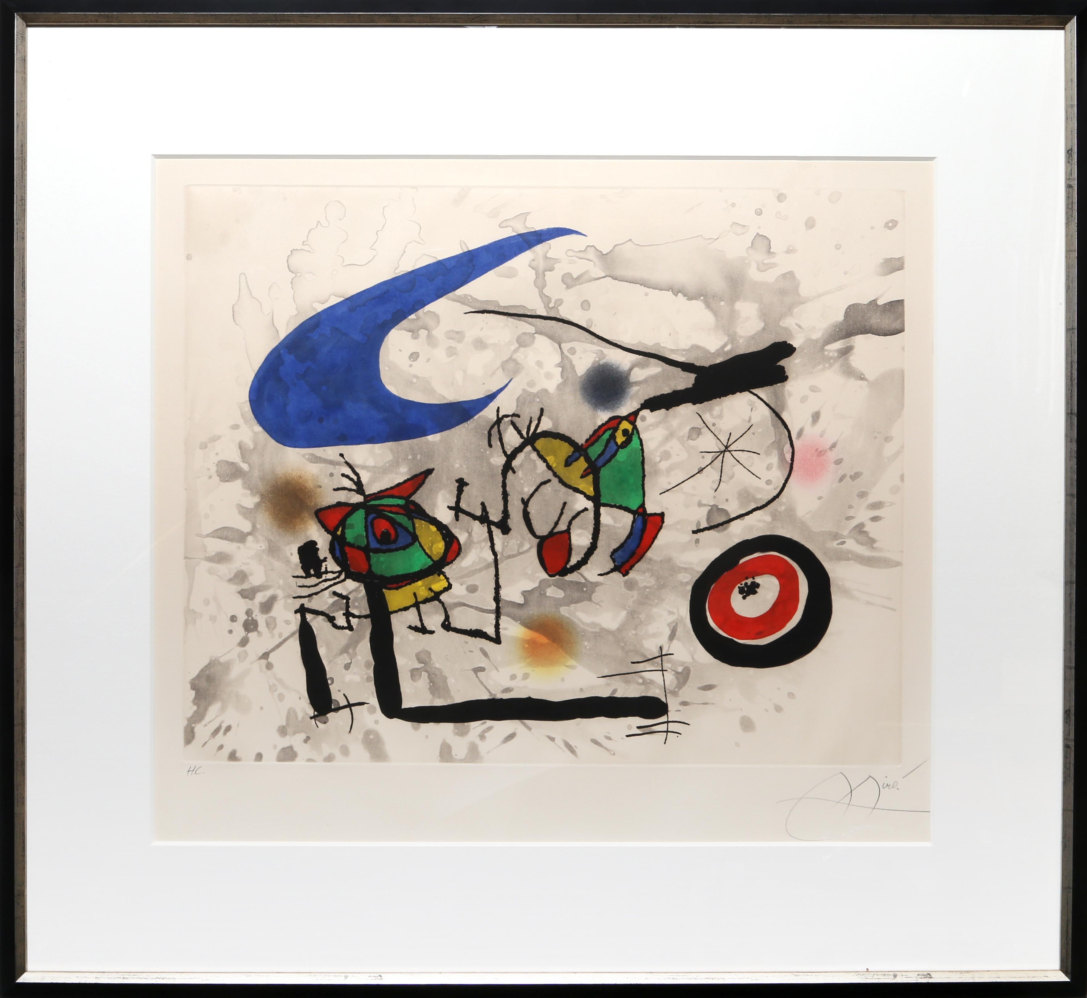 Joan Miró Abstract Print - Pygmées Sous la Lune, Framed Etching by Joan Miro 1972
