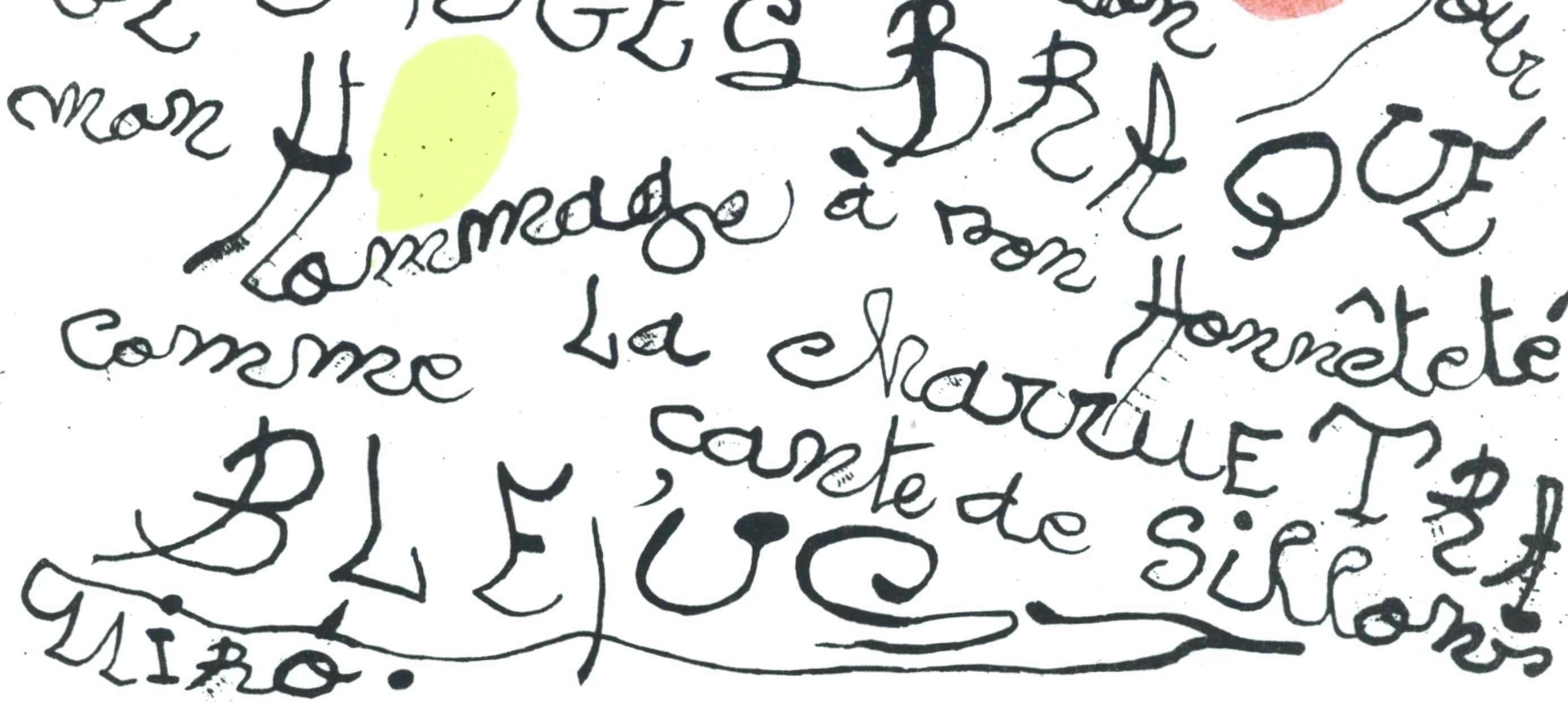 Lithograph on vélin paper. Paper Size: 22 x 15 inches, with centerfold, as issued. Inscription: Signed in the plate and unnumbered, as issued. Catalogue raisonné references: Cramer, Patrick, and Joan Miró. Joan Miró, Catalogue Raisonné Des Livres