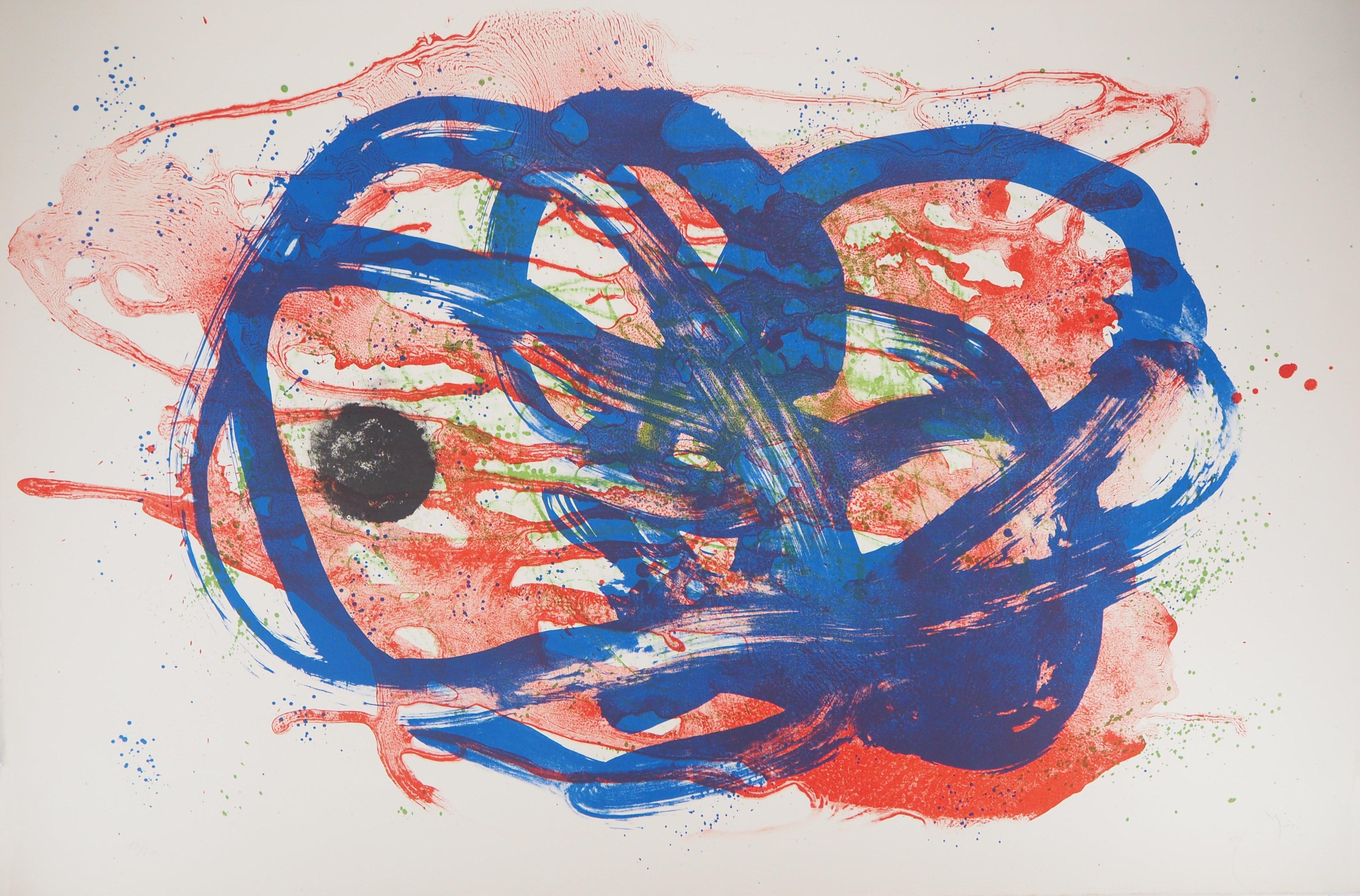 Joan Miró Abstract Print - Blue and Green on Red Wash, from Series I, Handsigned Lithograph (Mourlot #212)