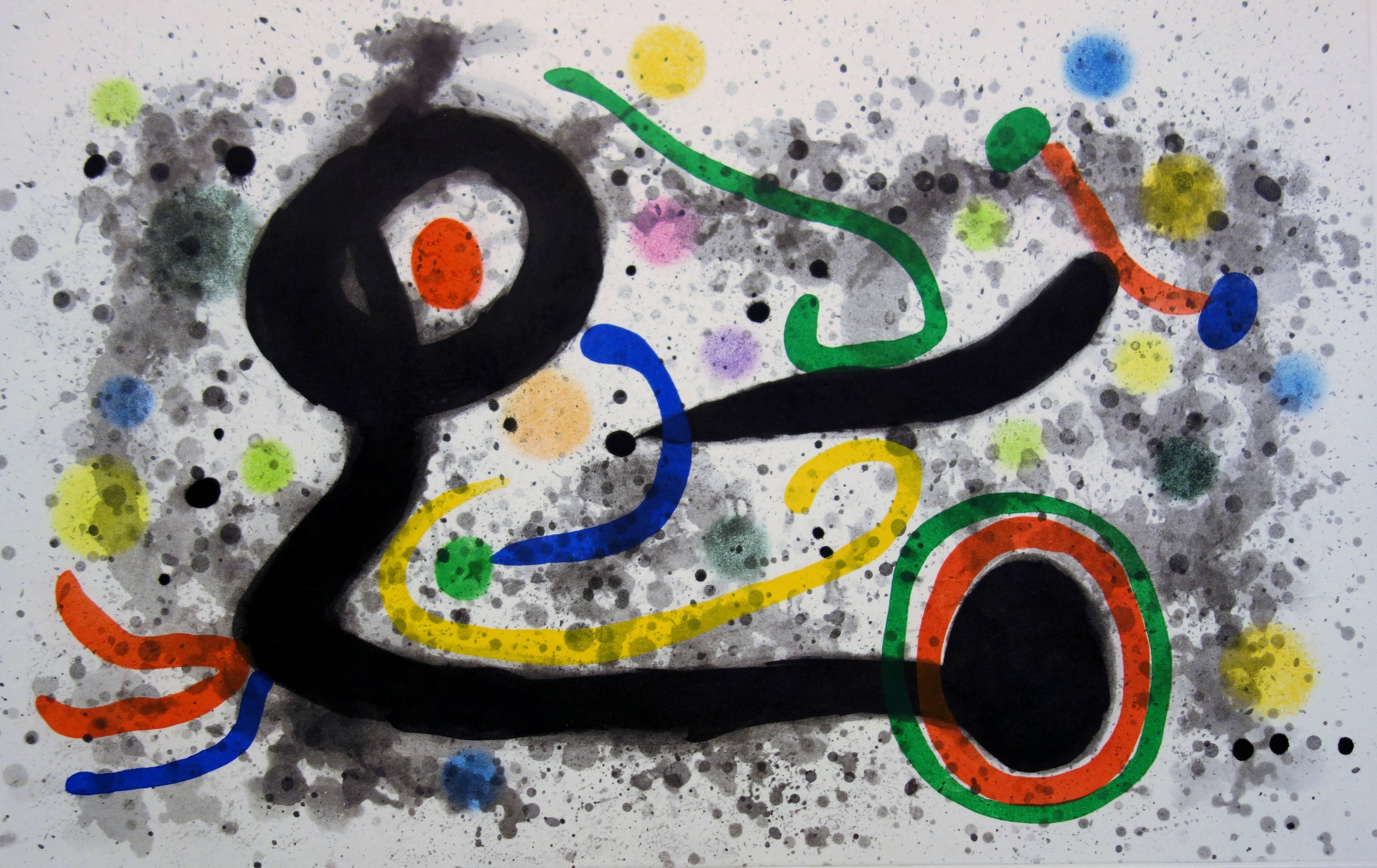 Sous la Grele (Under the Storm) - Original handsigned etching and aquatint, 1969 - Gray Abstract Print by Joan Miró