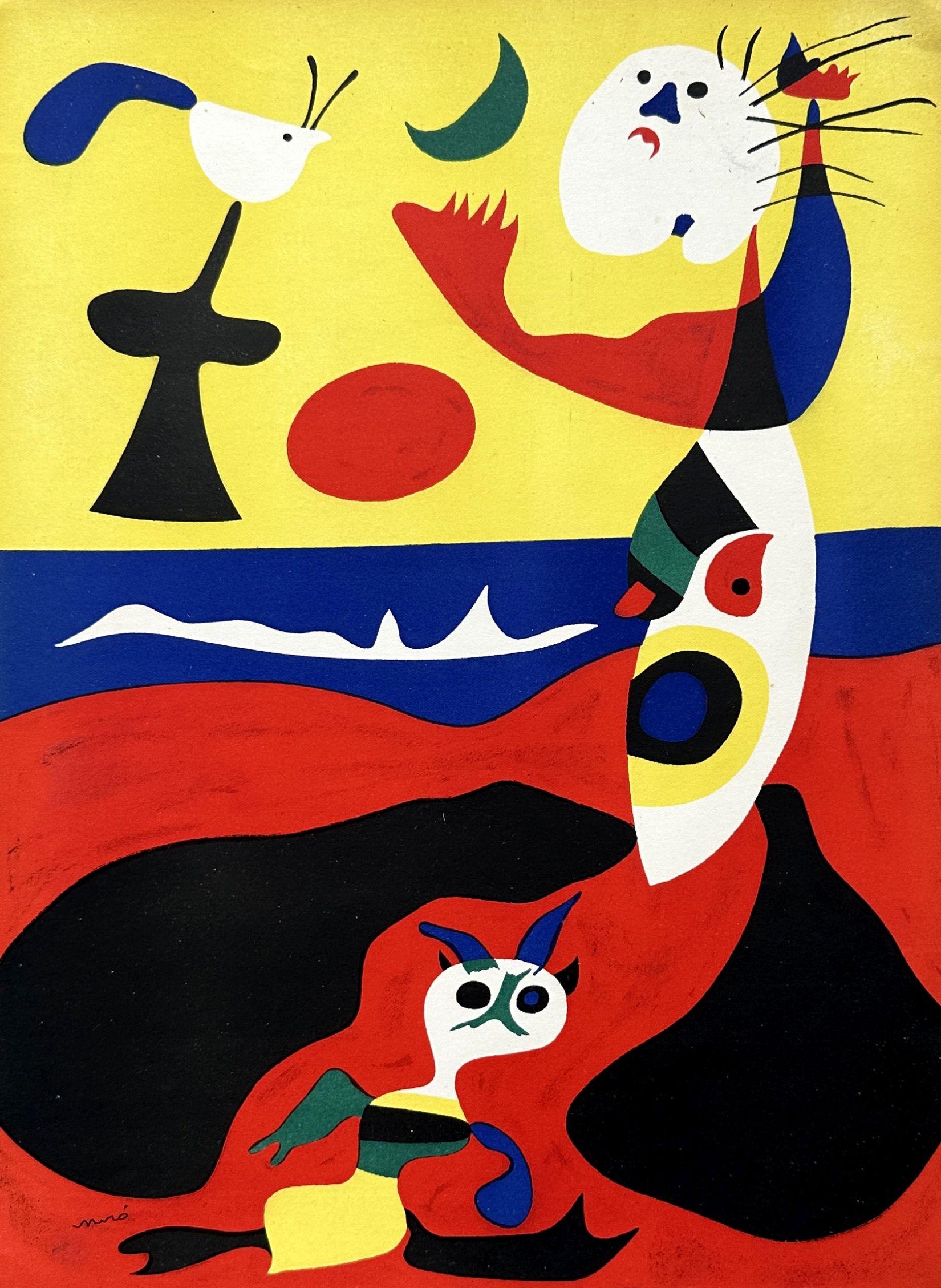 Joan Miró Figurative Print – Surrealistische Figuren mit Mond – Lithographie, Teller, signiert #MOURLOT