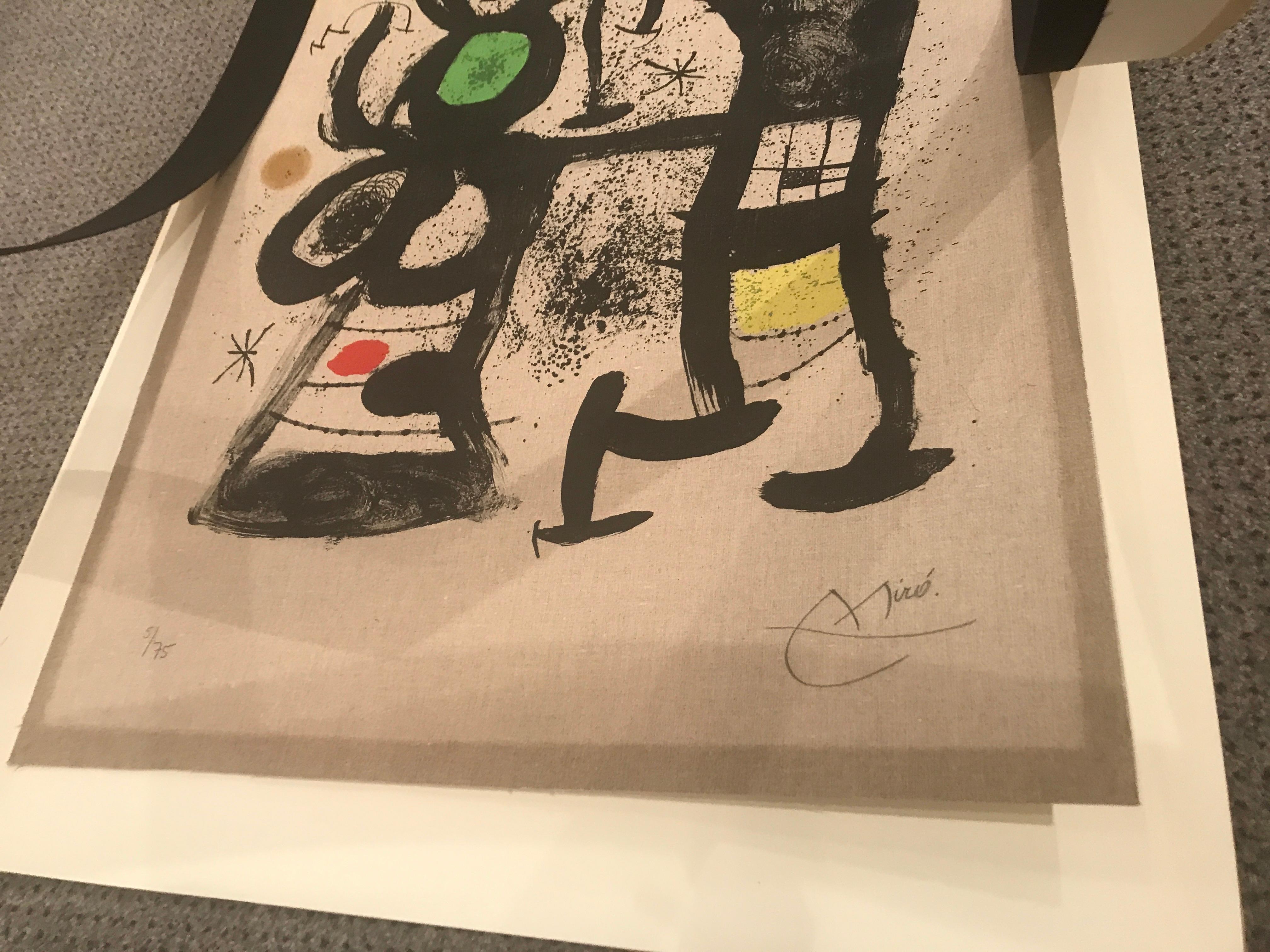 A very good impression of this color lithograph on Hessian cloth (burlap) adhered to Mandeure chiffon. Signed and numbered 5/75 in pencil by Miro. Printed and published by Maeght, Paris. 