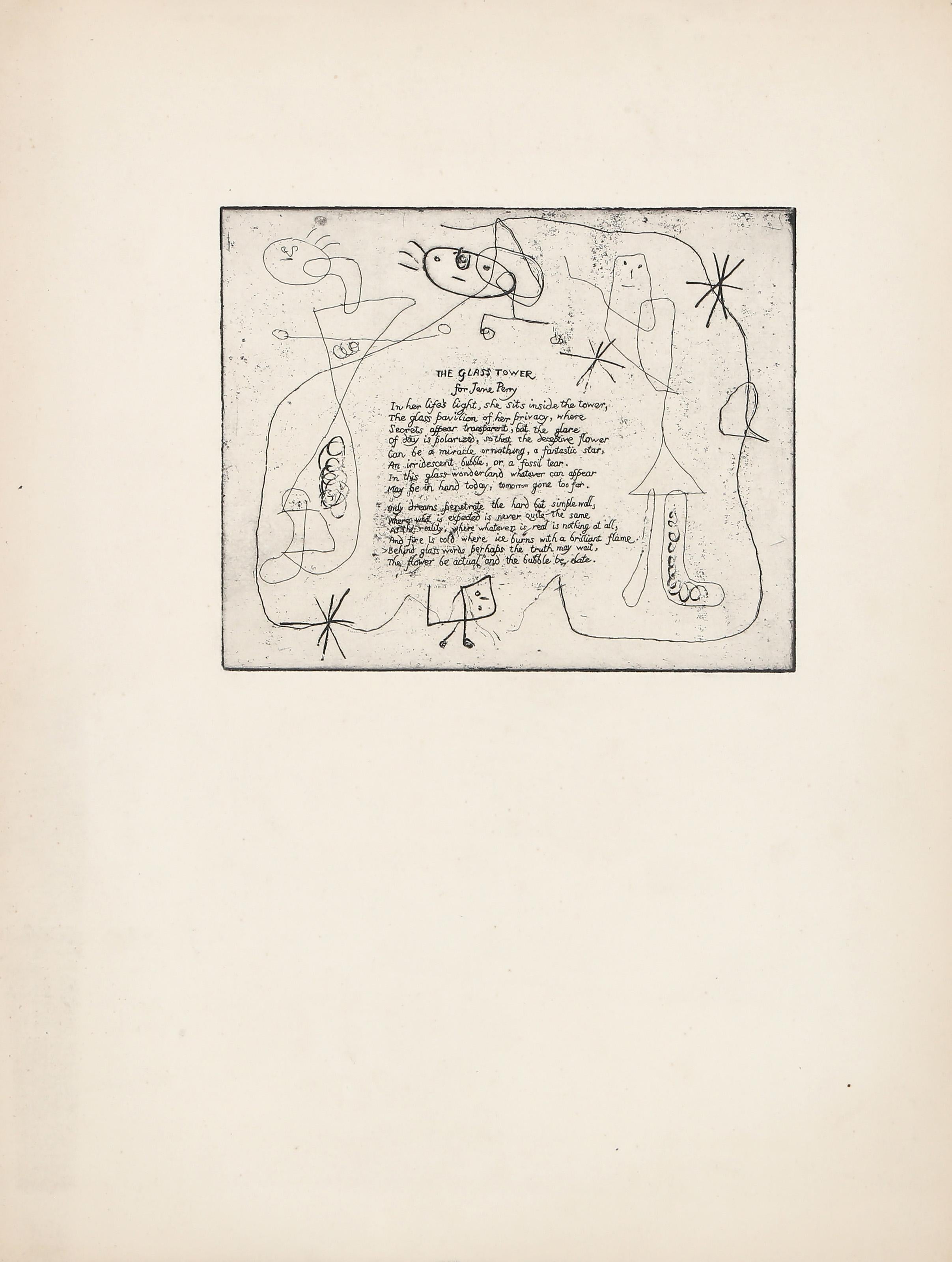 The Glass Tower for Jane Perry, Surrealist Etching Poem by Joan Miro - Gray Print by Joan Miró