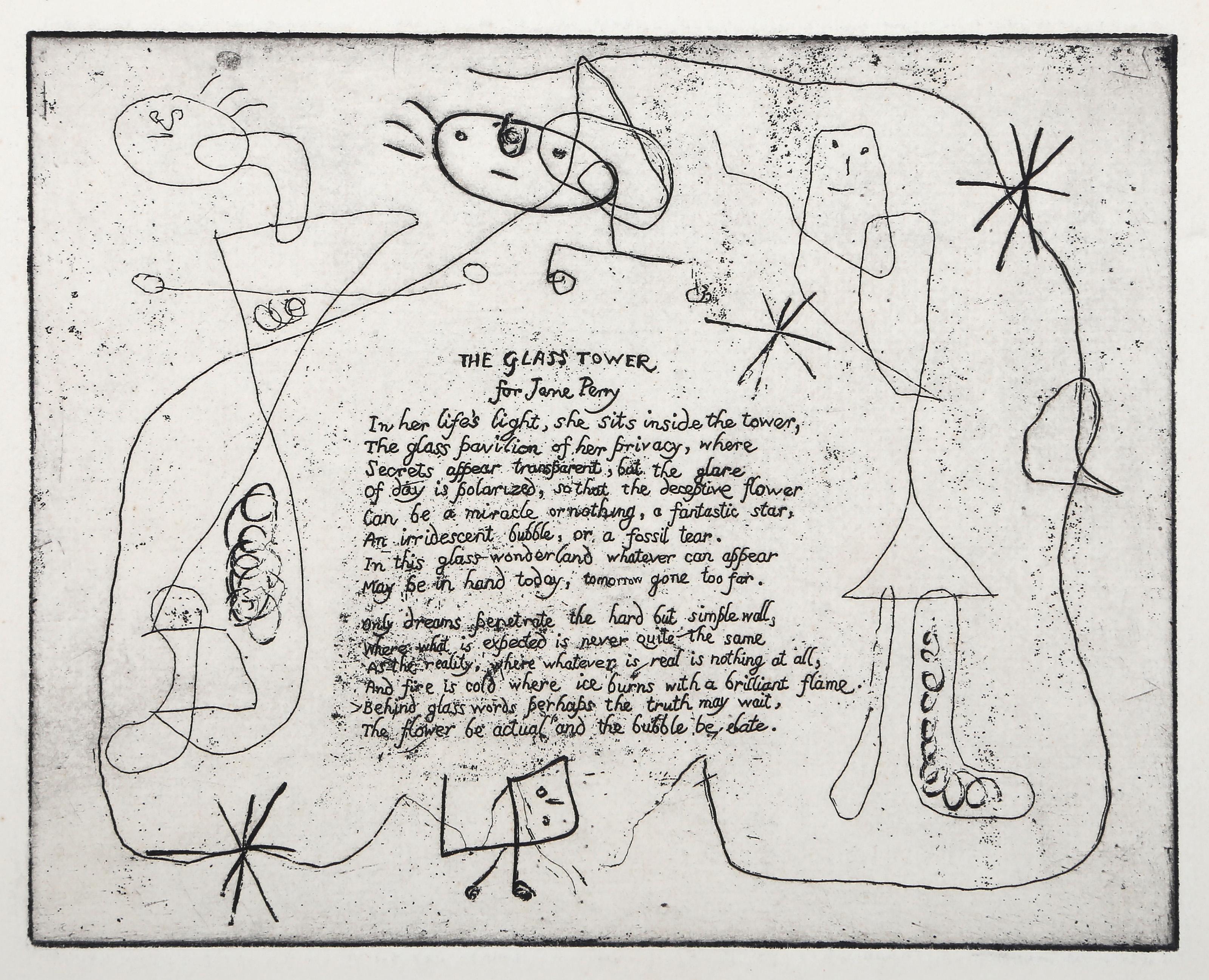 La torre di vetro per Jane Perry, poesia surrealista all'acquaforte di Joan Miro