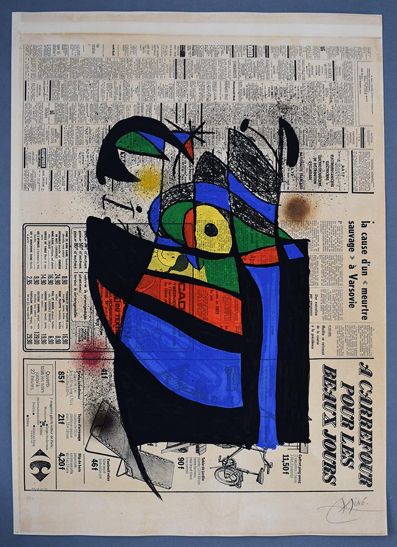 The Newspaper  Le Journal - Spanish Modern Master, Original Print - Gray Abstract Print by Joan Miró