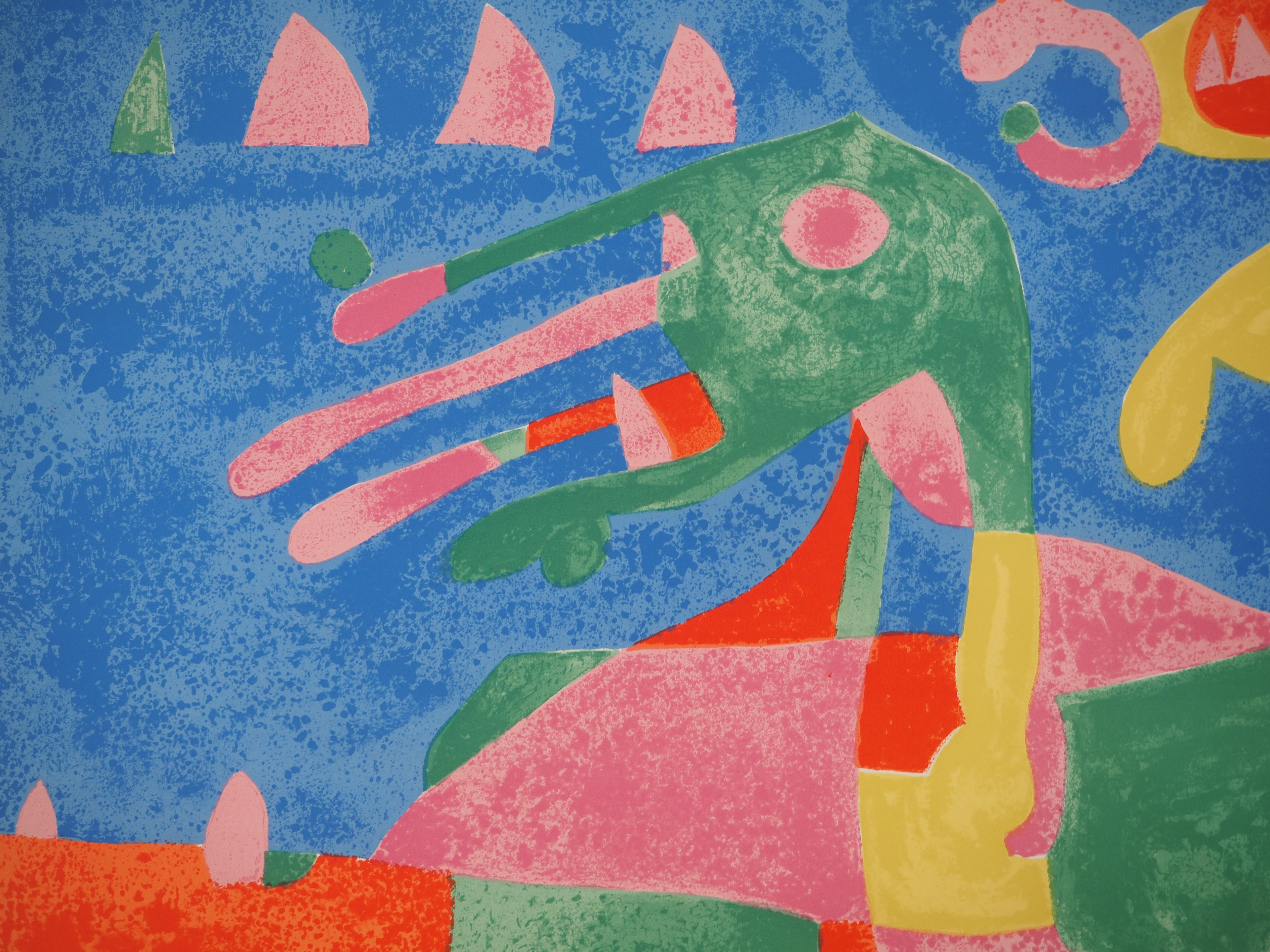 Joan MIRO
The Surrealist Animal, King Ubu, 1966

Original lithograph (Atelier Mourlot, Paris)
Unsigned
Numbered / 75 copies
On Arches vellum 54 x 75 cm (c. 21.2 x 29.5 in)

REFERENCE : Catalog raisonne Maeght #414

INFORMATION : This lithograph is