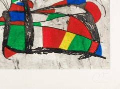 Three Joans Big Horizontal Miró Child Red Green Blue Abstract Etching Enigmatic