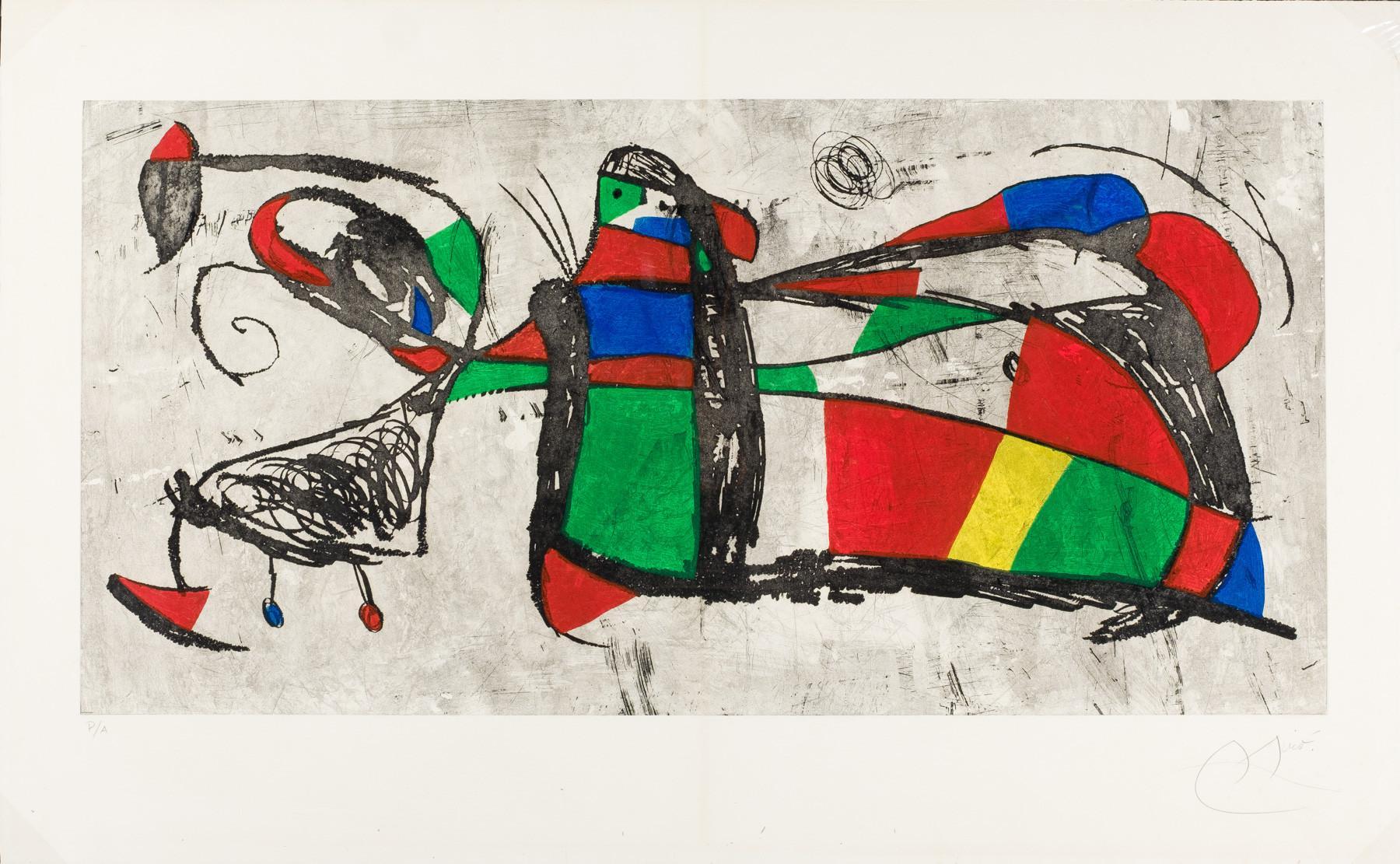Joan Miró Abstract Print - Three Joans Big Horizontal Miró Child Red Green Blue Abstract Etching Enigmatic