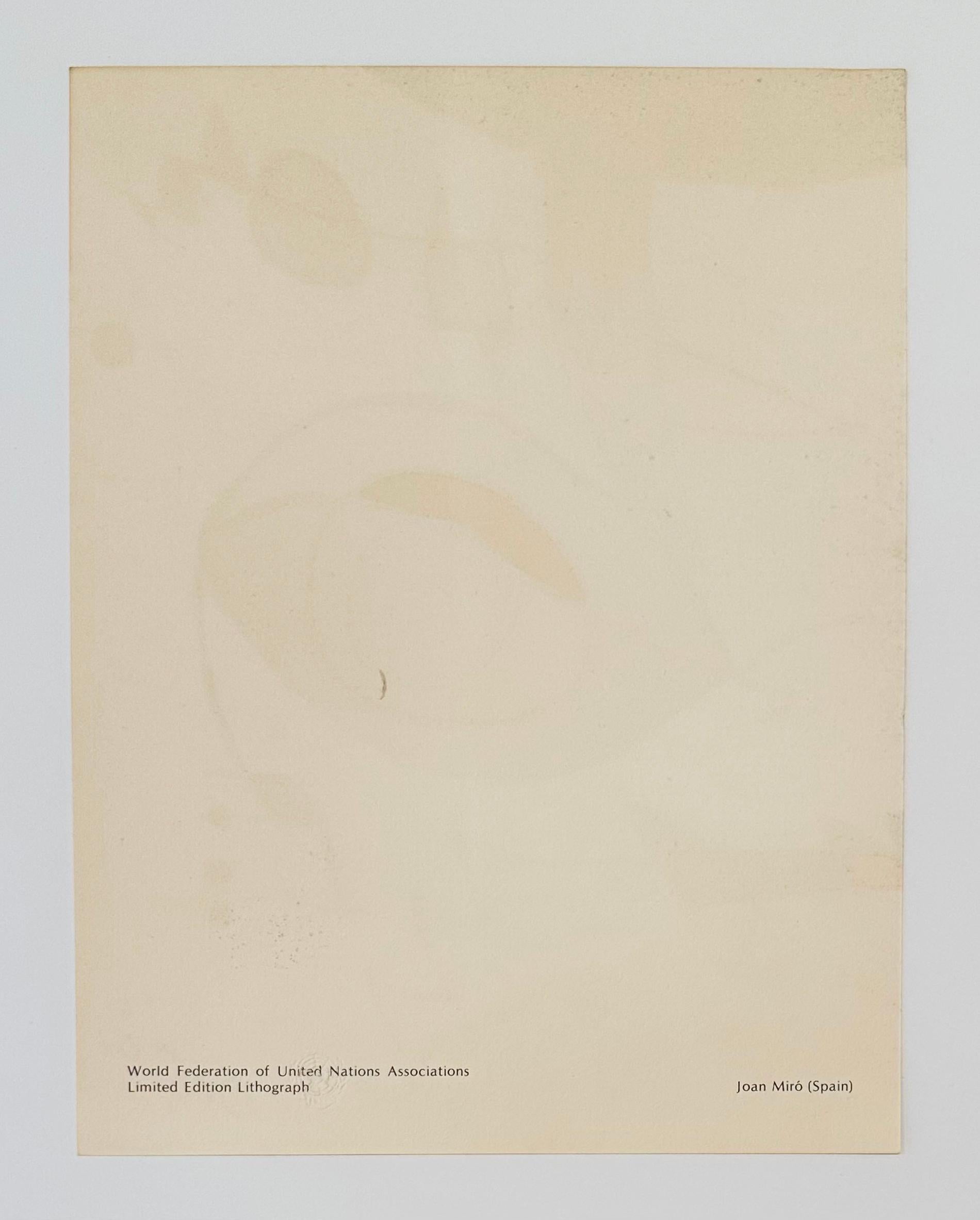 Artist: Joan MIro 
Title: United Nations Peacekeeping Operations
Medium: Lithograph in colors
Date: 1980
Edition: 683/1500
Framed Size: 18 3/4